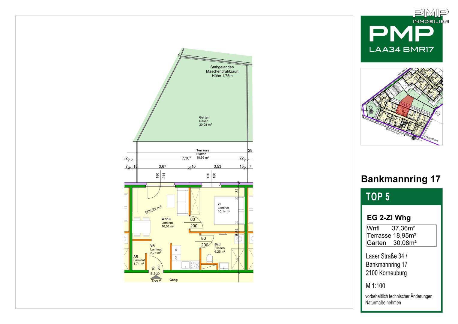 Grundriss einer 2-Zimmer-Wohnung im Erdgeschoss mit Terrasse und privatem Gartenbereich.