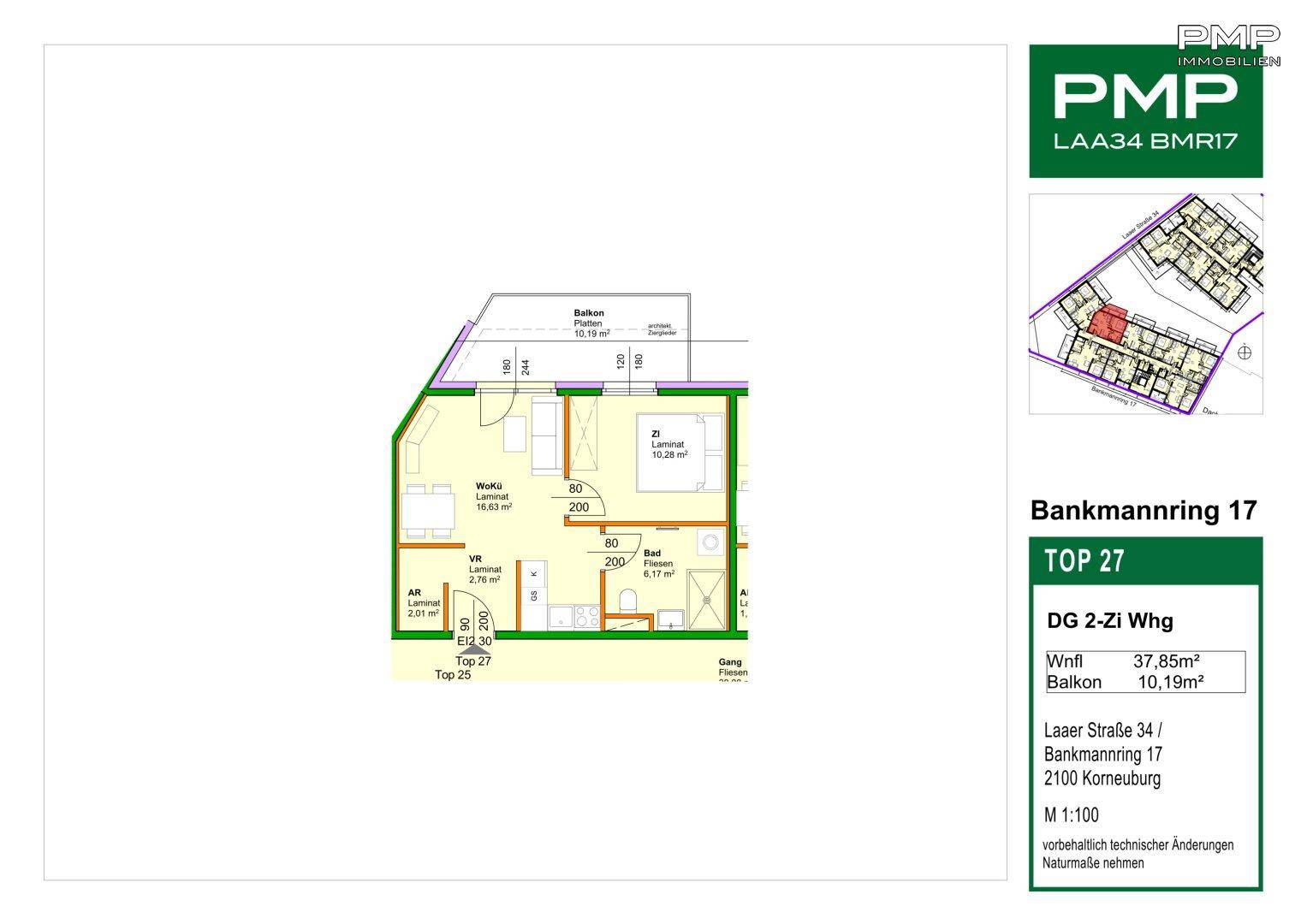 Detaillierter Grundriss einer 2-Zimmer-Wohnung mit Balkon und klarer Raumaufteilung.