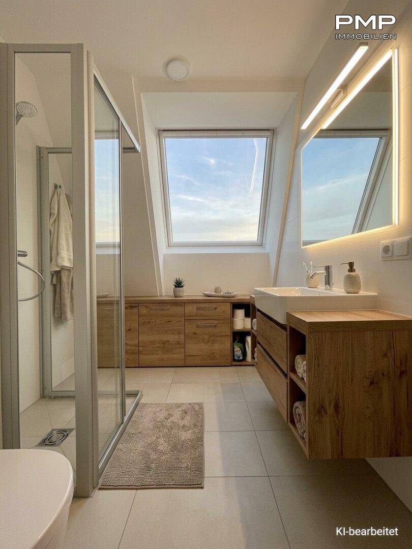 Helles Badezimmer mit modernem Holzwaschtisch, begehbarer Dusche und Dachfenster für viel Tageslicht.