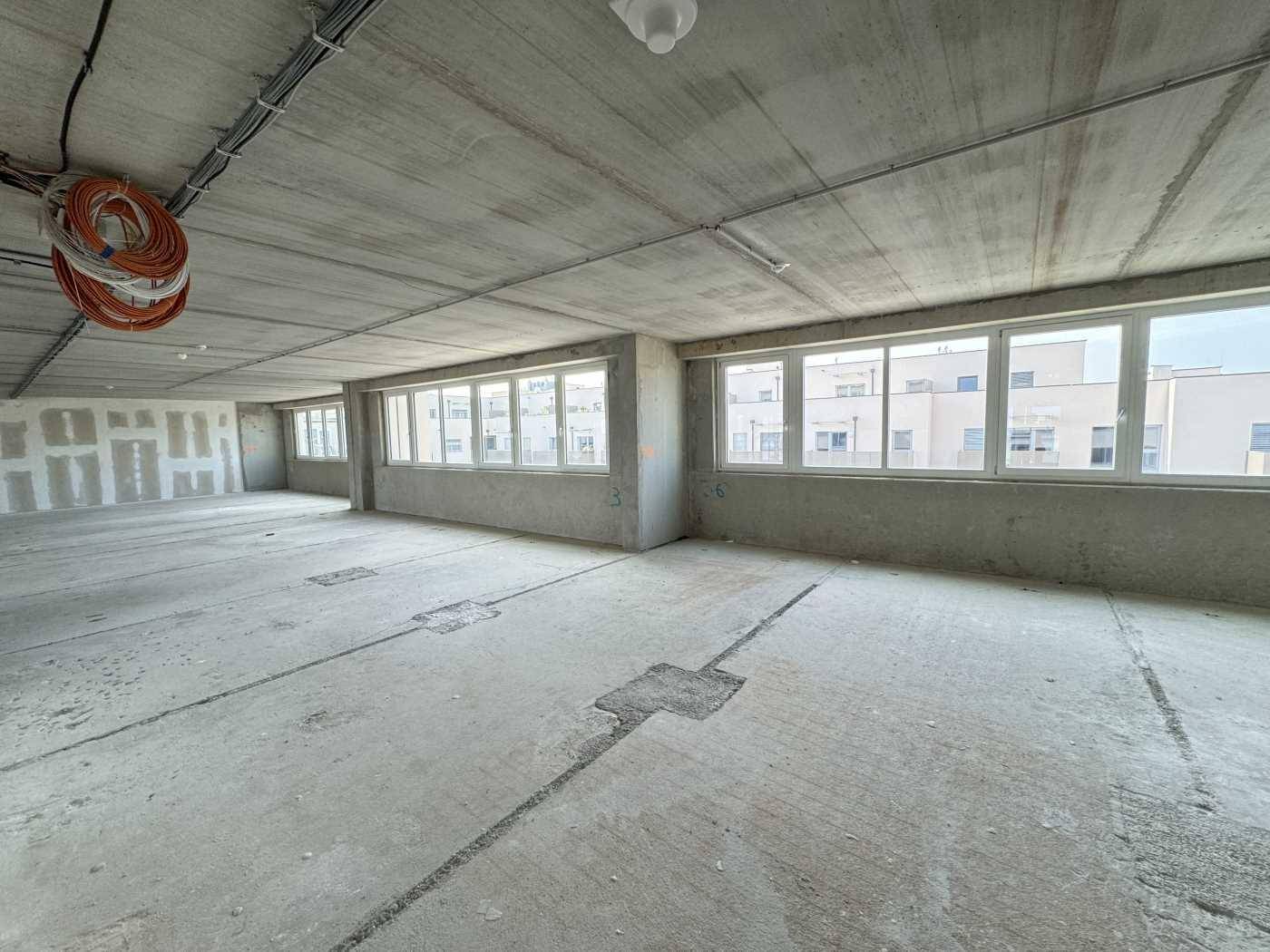 Unfertiger Büroraum mit Betonboden und einer Reihe von Fenstern, die ausreichend Tageslicht hereinlassen.