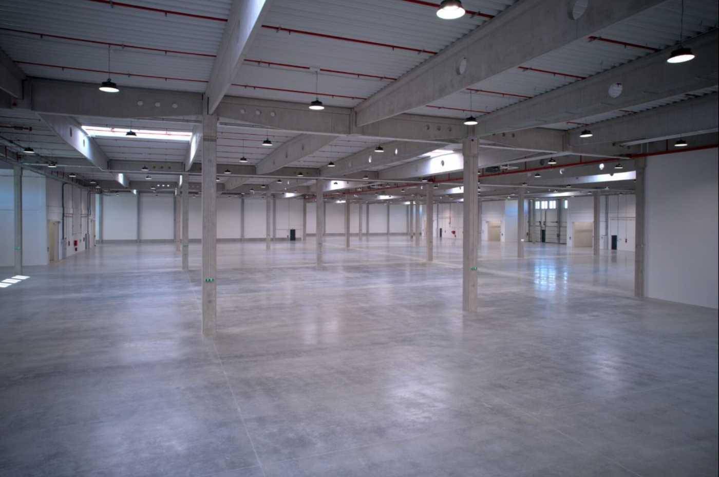 Große, leere Lagerhalle mit hohen Decken, Betonboden und sichtbaren Trägern.