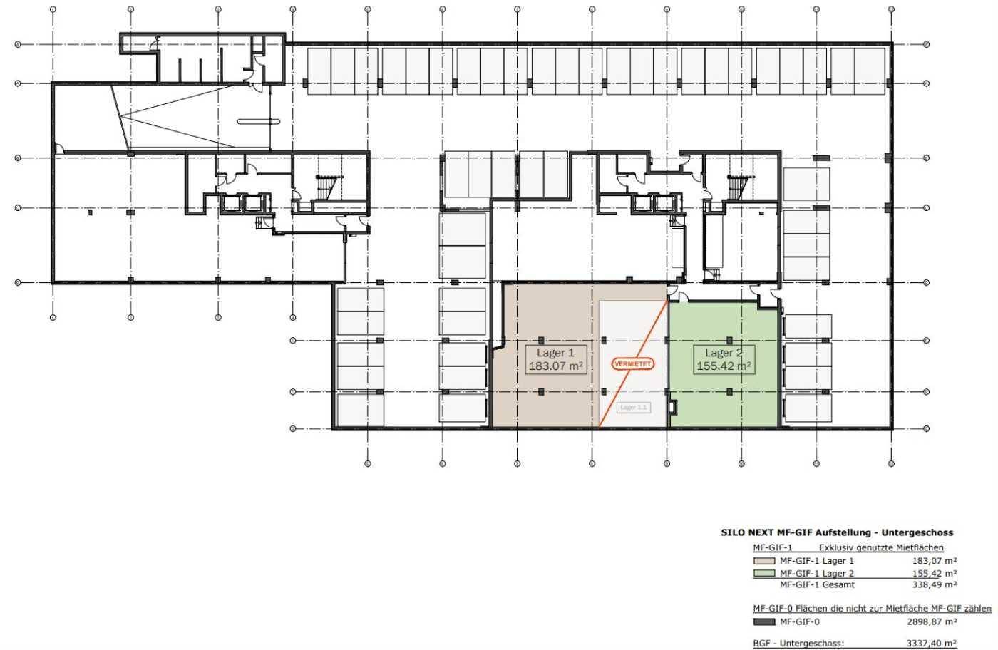 Grundriss des Untergeschosses mit klar definierten Lagerbereichen und einem offenen Layout für flexible Nutzungsmöglichkeiten.