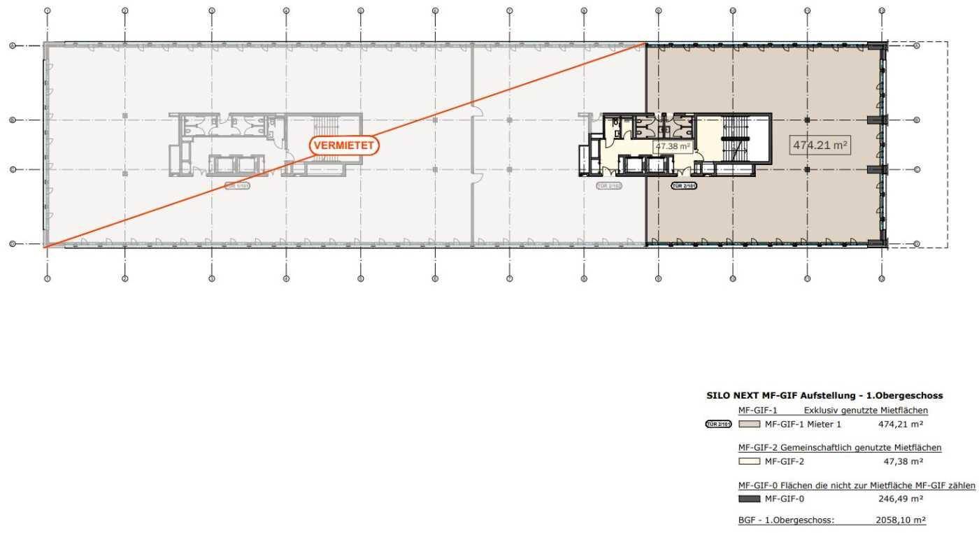 Grundriss des ersten Obergeschosses mit offener Raumgestaltung, Treppenhaus und einer Aufteilung in vermietete und freie Bereiche.