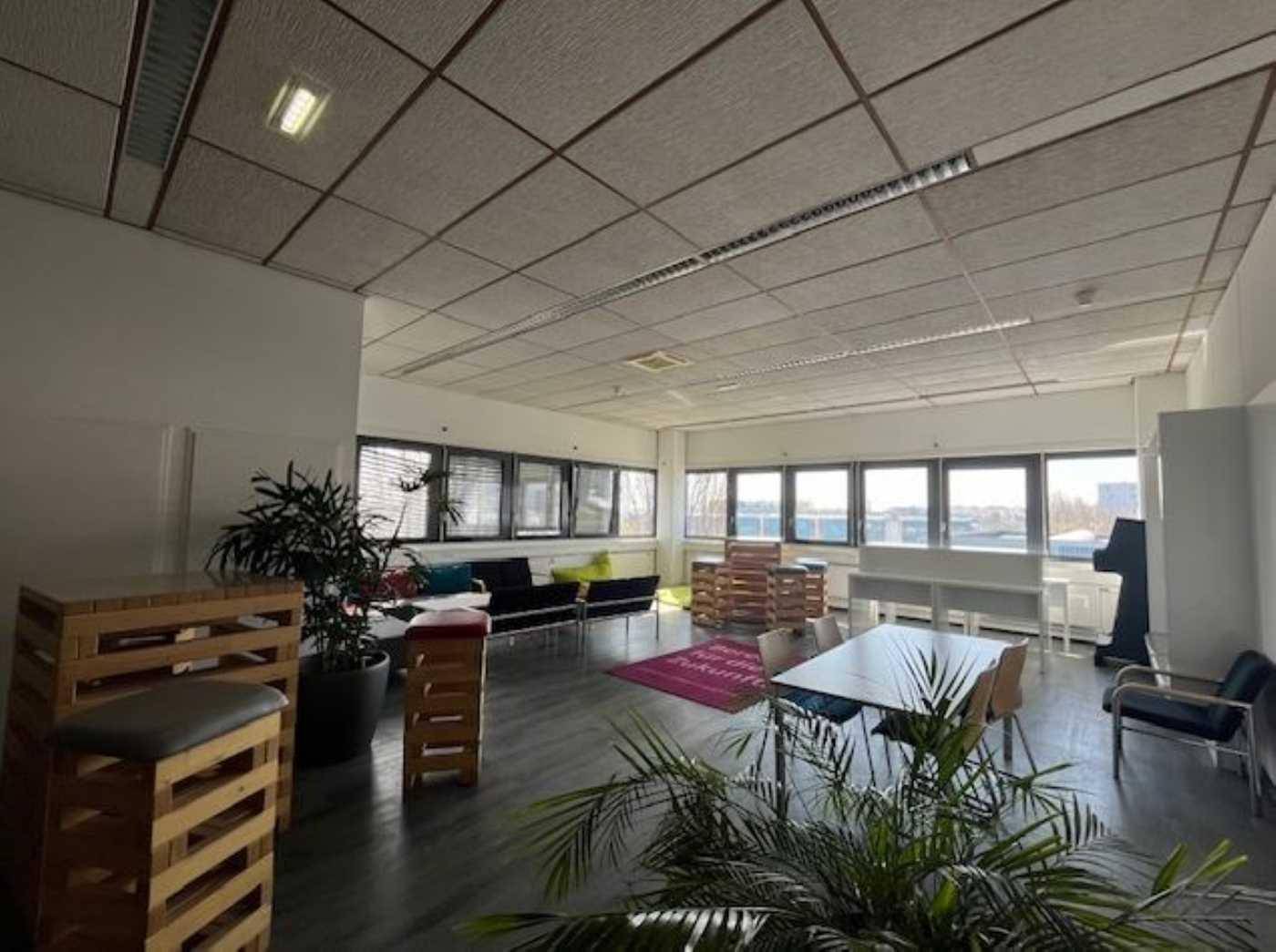 Entspannter Loungebereich mit modernen Möbeln, Pflanzen und großen Fenstern, die viel Licht hereinlassen.