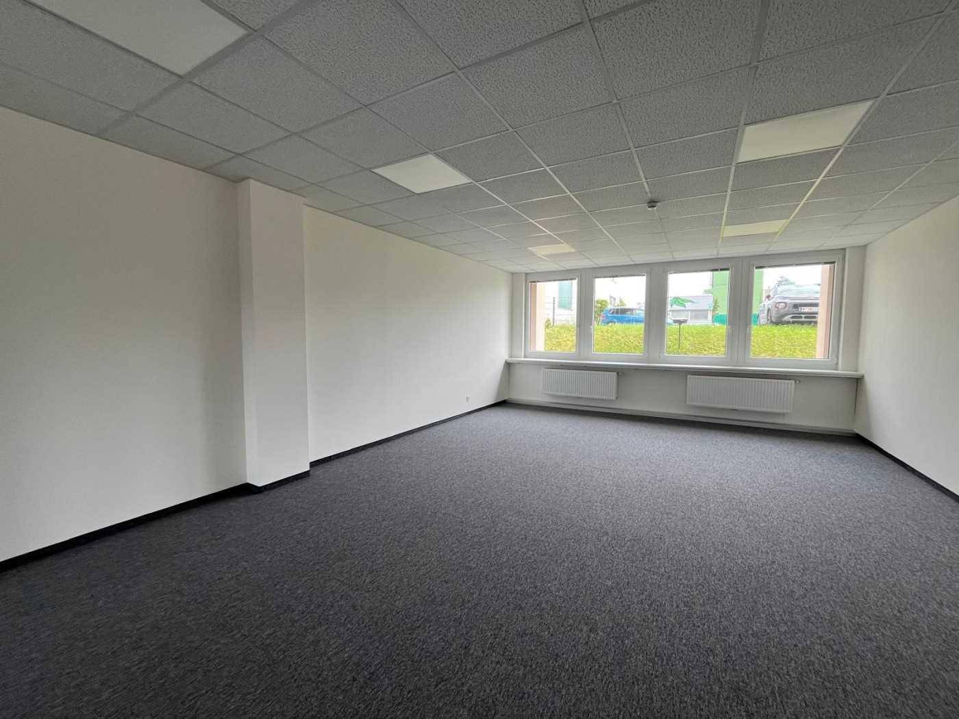 Geräumiger Büroraum mit Teppichboden, großen Fenstern und Heizkörpern unter der Fensterbank.