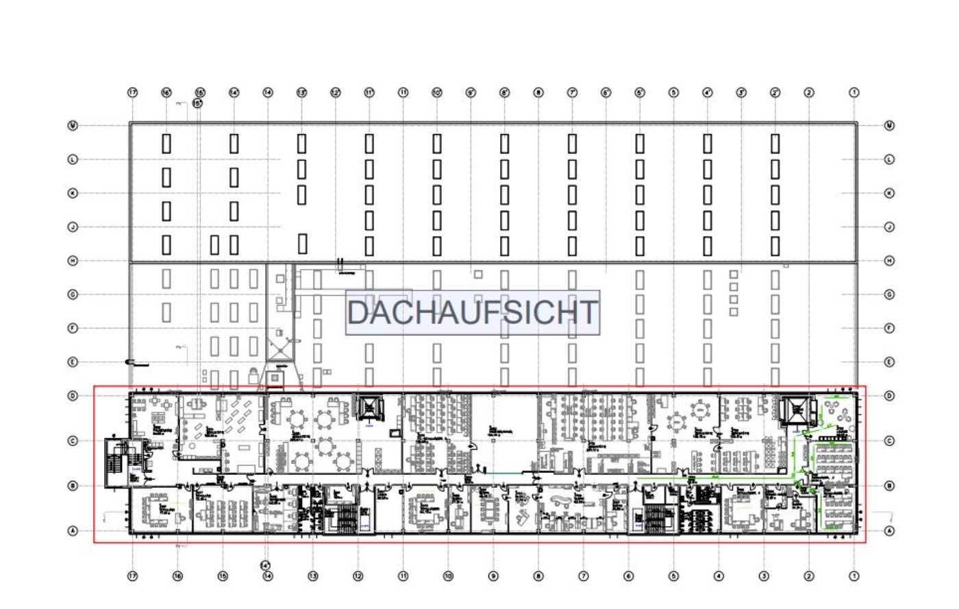 Detaillierter Grundriss eines Gebäudes mit verschiedenen Bürobereichen und einer Dachaufsicht.