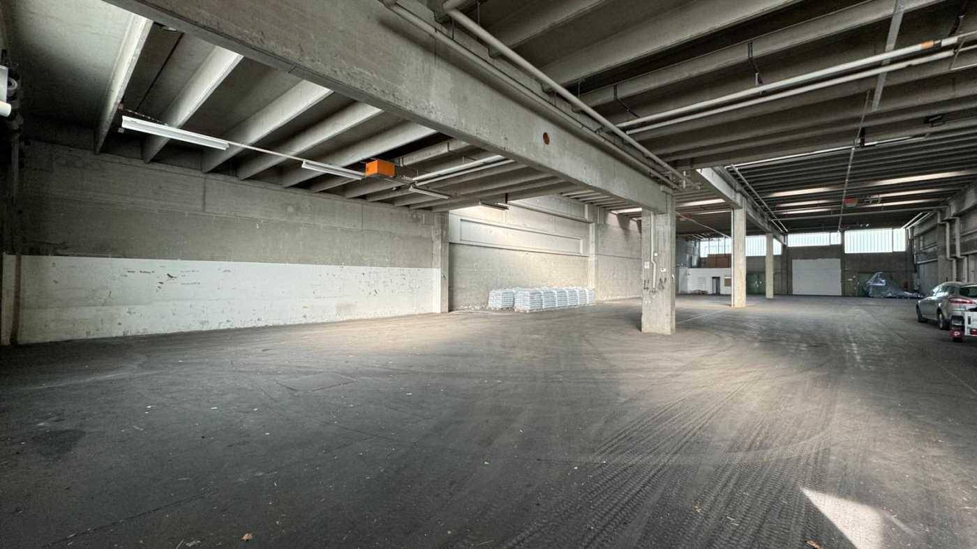 Große, leere Lagerhalle mit Betonboden, hohen Decken und sichtbaren Trägern, die viel Platz bietet.