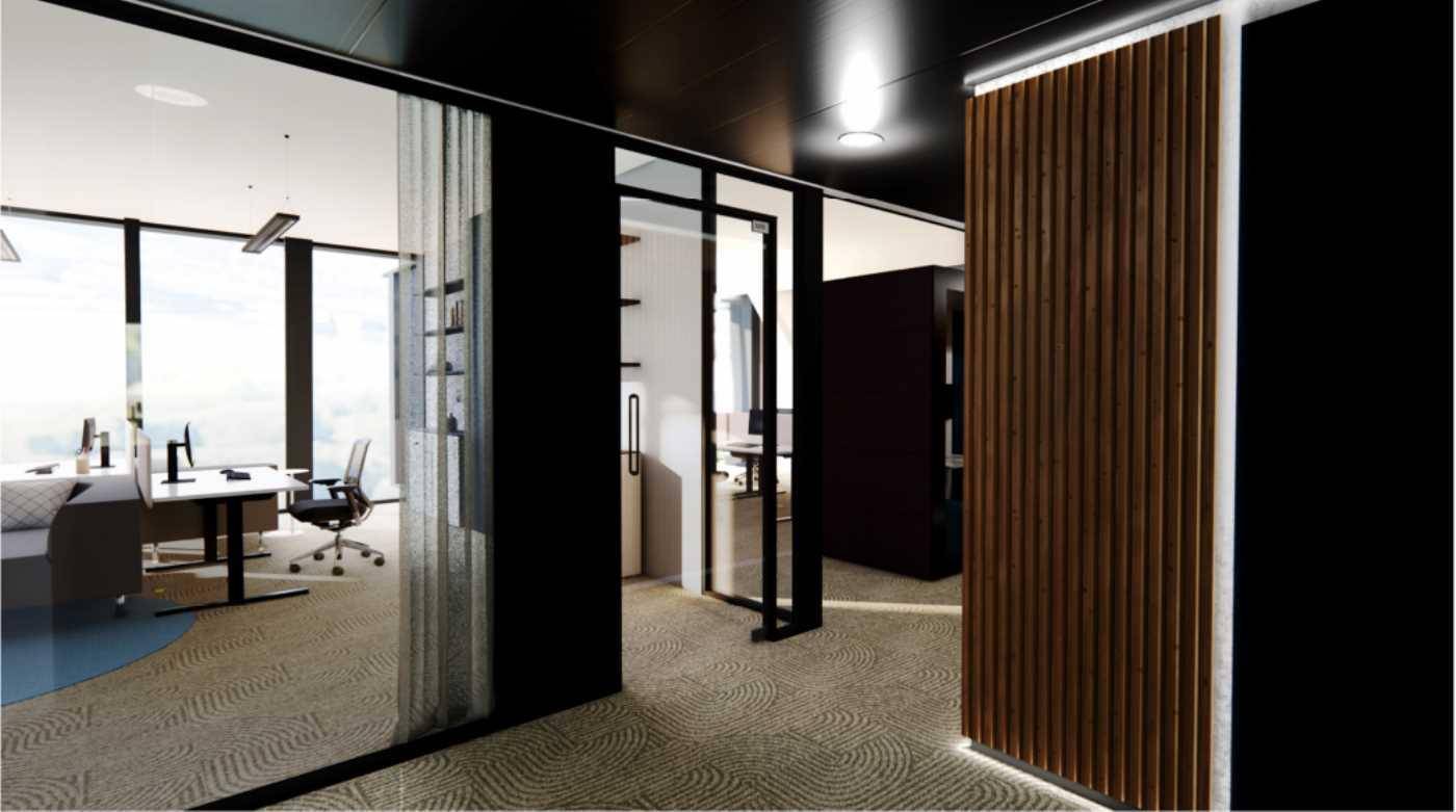 Moderner Bürogang mit Glaswänden zu den Arbeitsbereichen und einer Holzwand als Akzent.