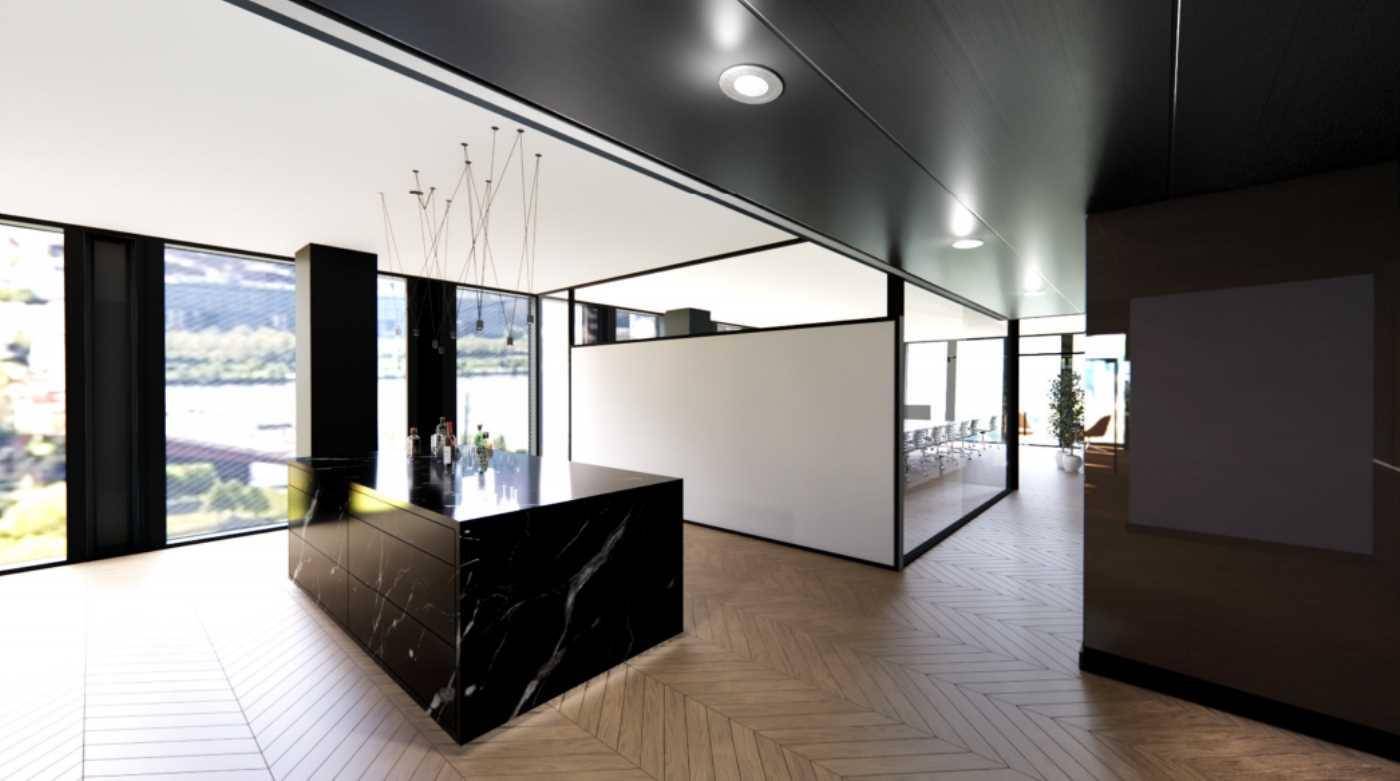 Elegante Küche mit schwarzer Marmorinsel und hellem Fischgrätparkett, offen gestaltet mit viel Tageslicht.
