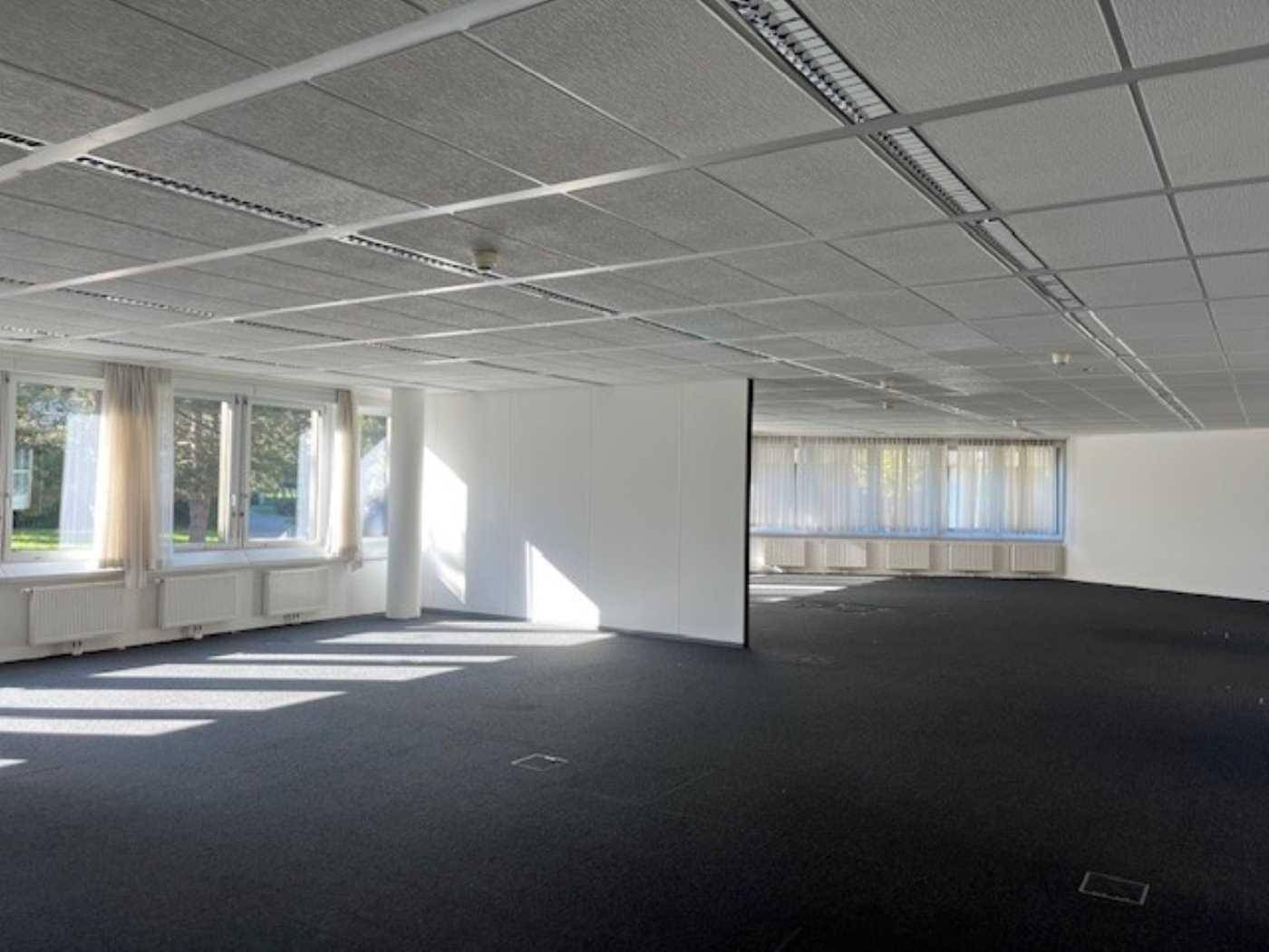 Geräumiger Bürobereich mit Teppichboden, vielen Fenstern und Trennwänden für flexible Nutzung und viel Tageslicht.