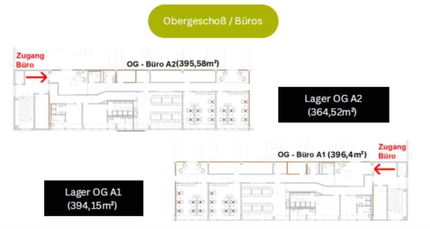 Grundriss des Obergeschosses mit Bürobereichen und Lagerflächen für die Hallen A1 und A2.