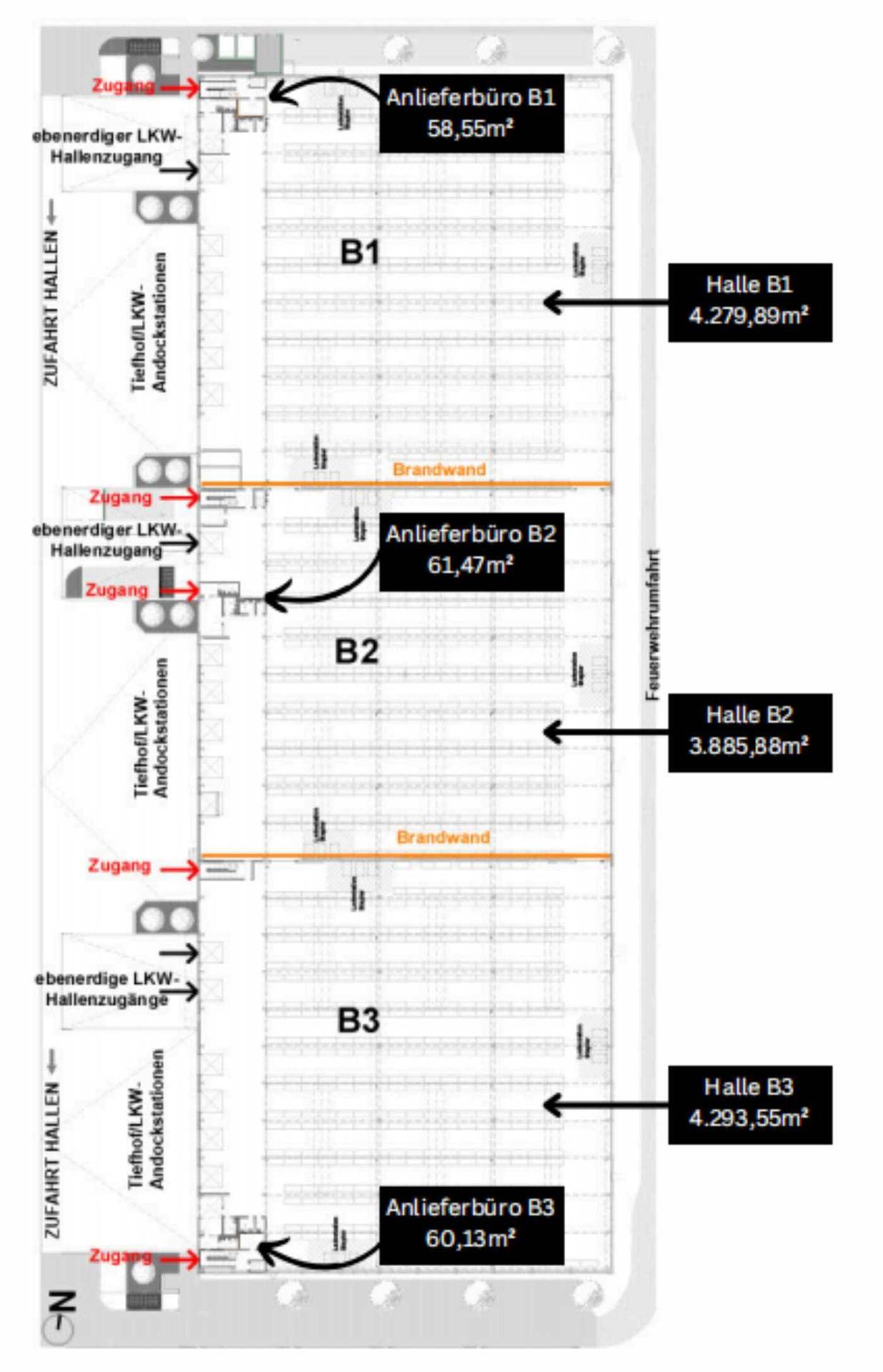 Grundriss der Hallen B1, B2 und B3 mit Anlieferbüros und ebenerdigen LKW-Hallengebäuden.
