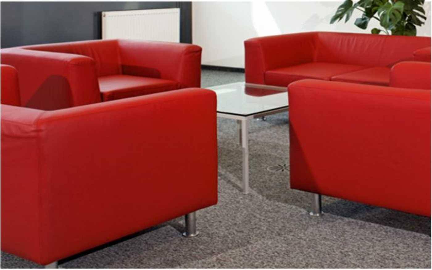 Gemütlicher Wartebereich mit roten Ledersofas und einem Glastisch auf grauem Teppichboden.