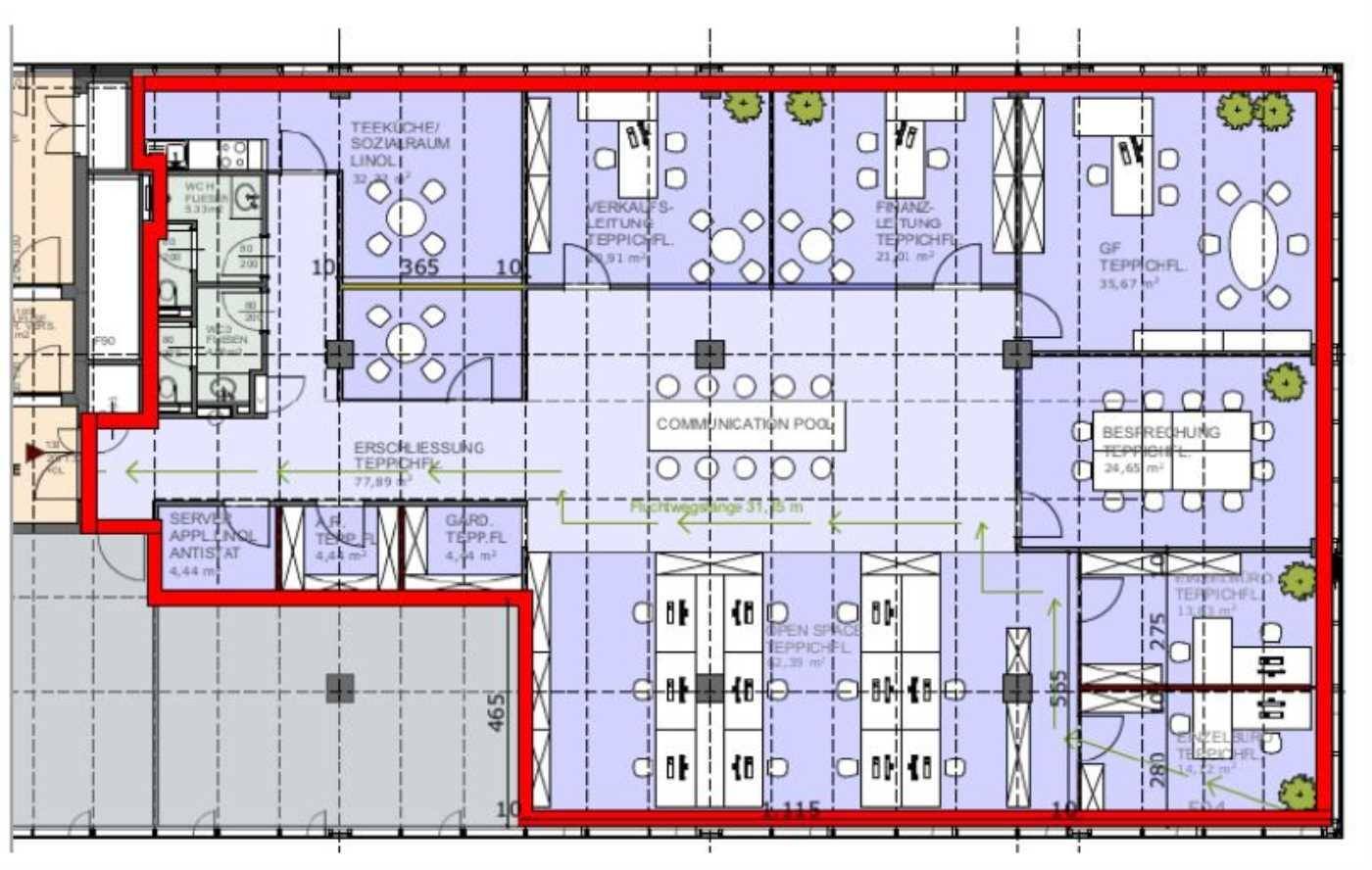 Detaillierter Grundriss einer Büroetage mit verschiedenen Arbeits- und Kommunikationsbereichen.