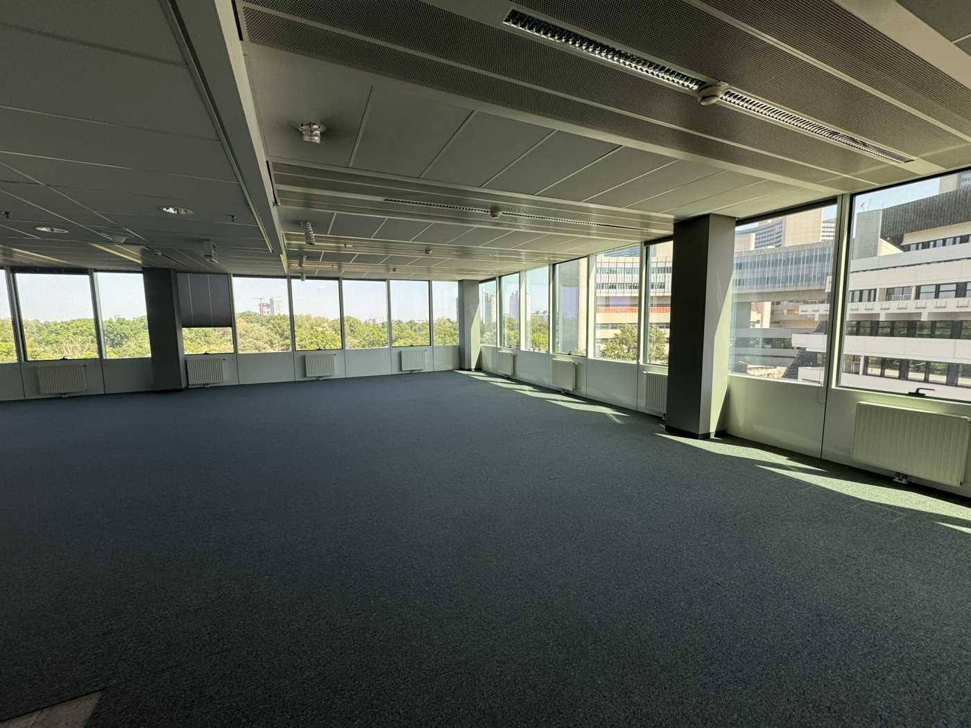 Heller Büroraum mit Teppichboden und Panoramablick auf die Stadt und umliegende Bäume.