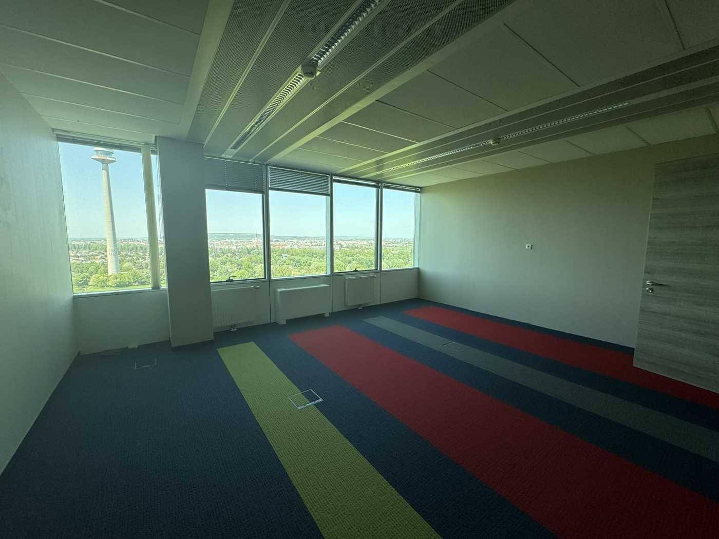 Büroraum mit farbigem Teppichboden und Fenstern, die einen Blick auf den Donauturm bieten.