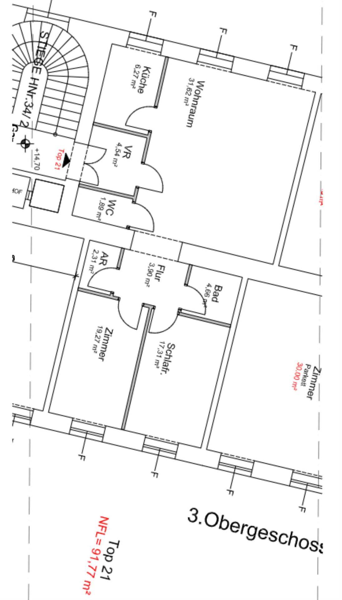 Grundrissplan des dritten Obergeschosses mit Schlafzimmern, Wohnraum, Bad und Küche.