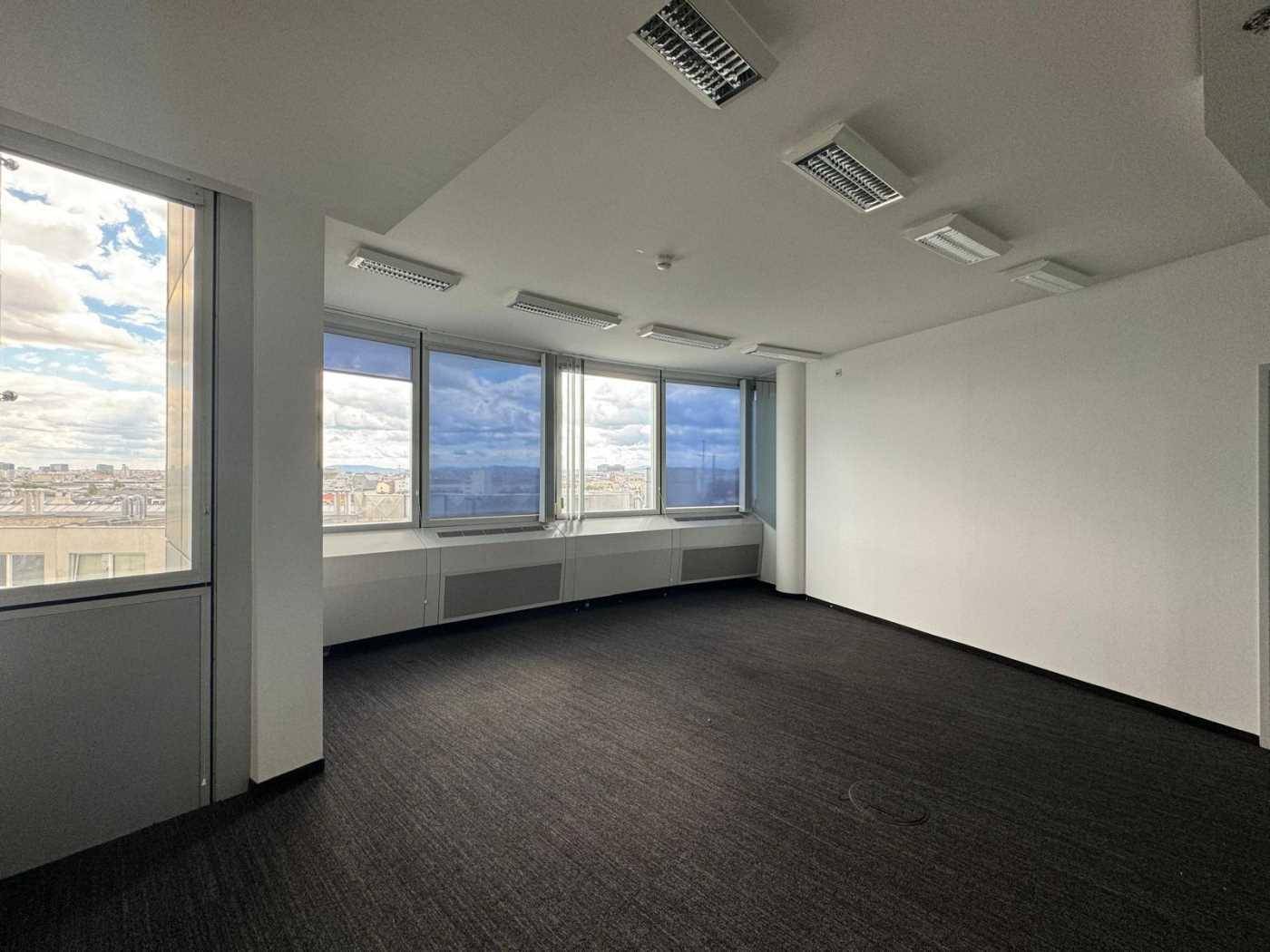 Heller Büroraum mit Teppichboden und großen Fenstern, die einen Panoramablick auf die Stadt bieten.