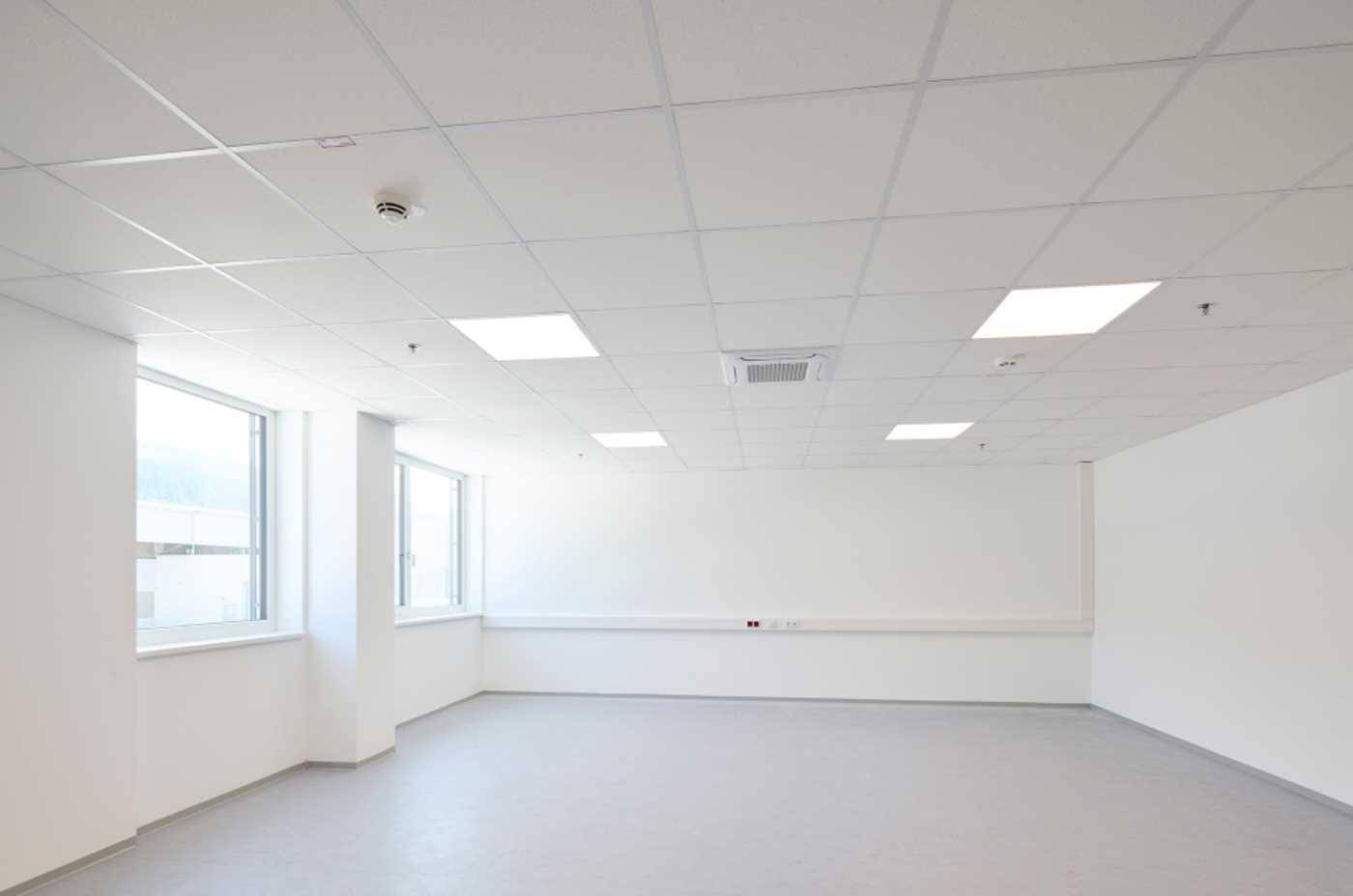 Heller, leerer Büroraum mit abgehängter Decke, großen Fenstern und grauem Bodenbelag.