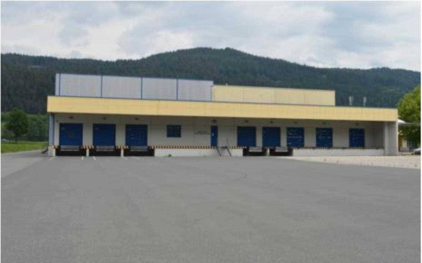 Rückseite eines Industriegebäudes mit mehreren blauen Laderampen und einem großen Vorplatz.