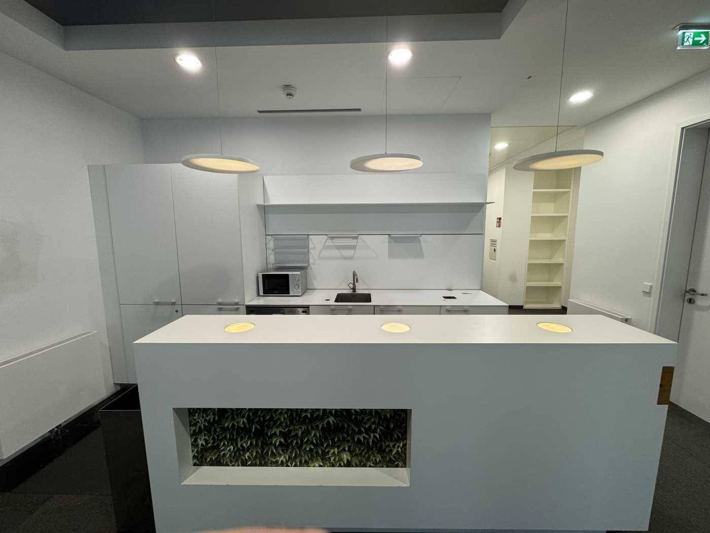 Moderne Teeküche mit weißen Schränken, Mikrowelle und integrierter Pflanzenwand als Dekoration.