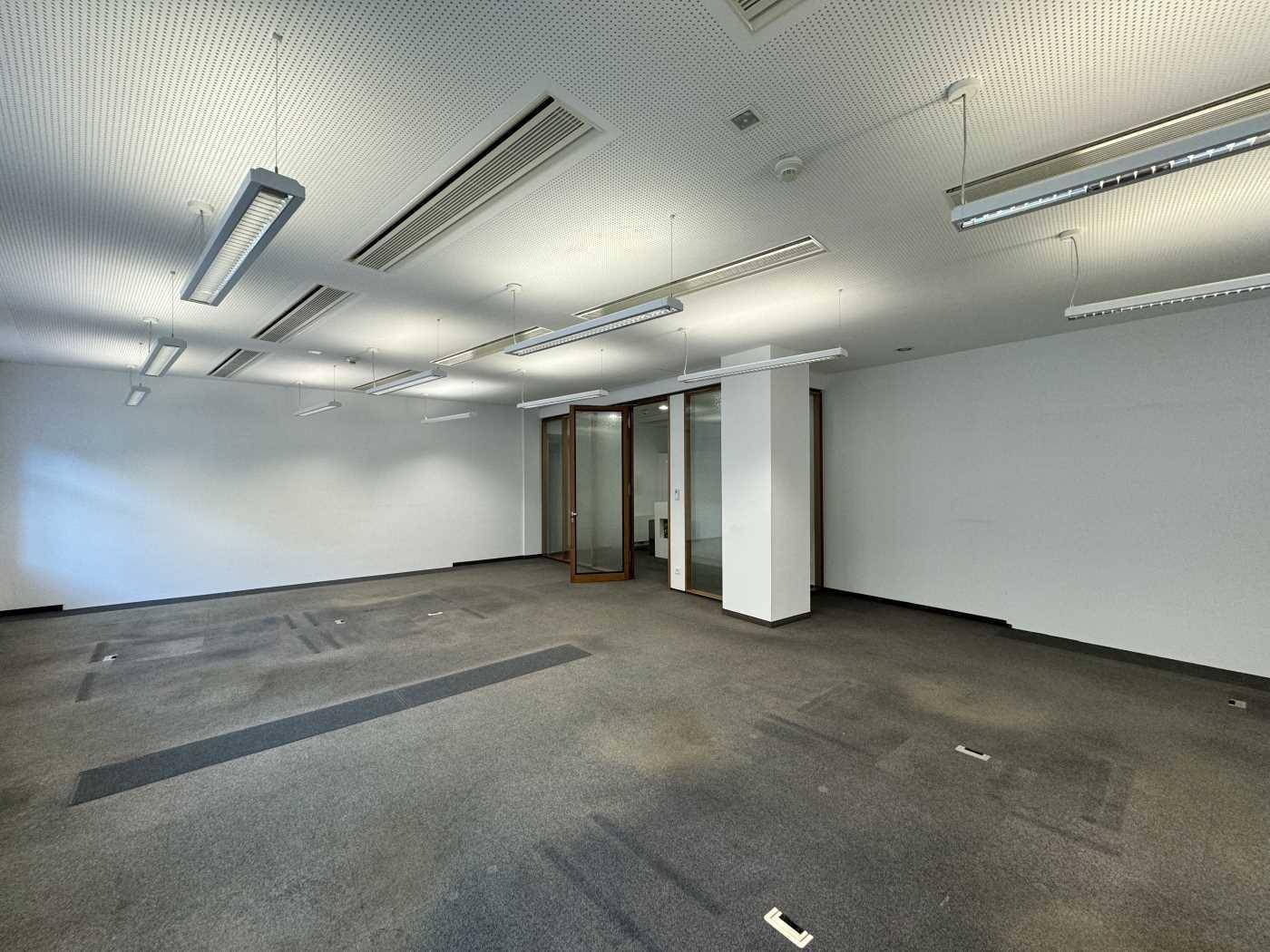 Heller Büroraum mit Teppichboden, Glaswänden und integrierter Deckenbeleuchtung.