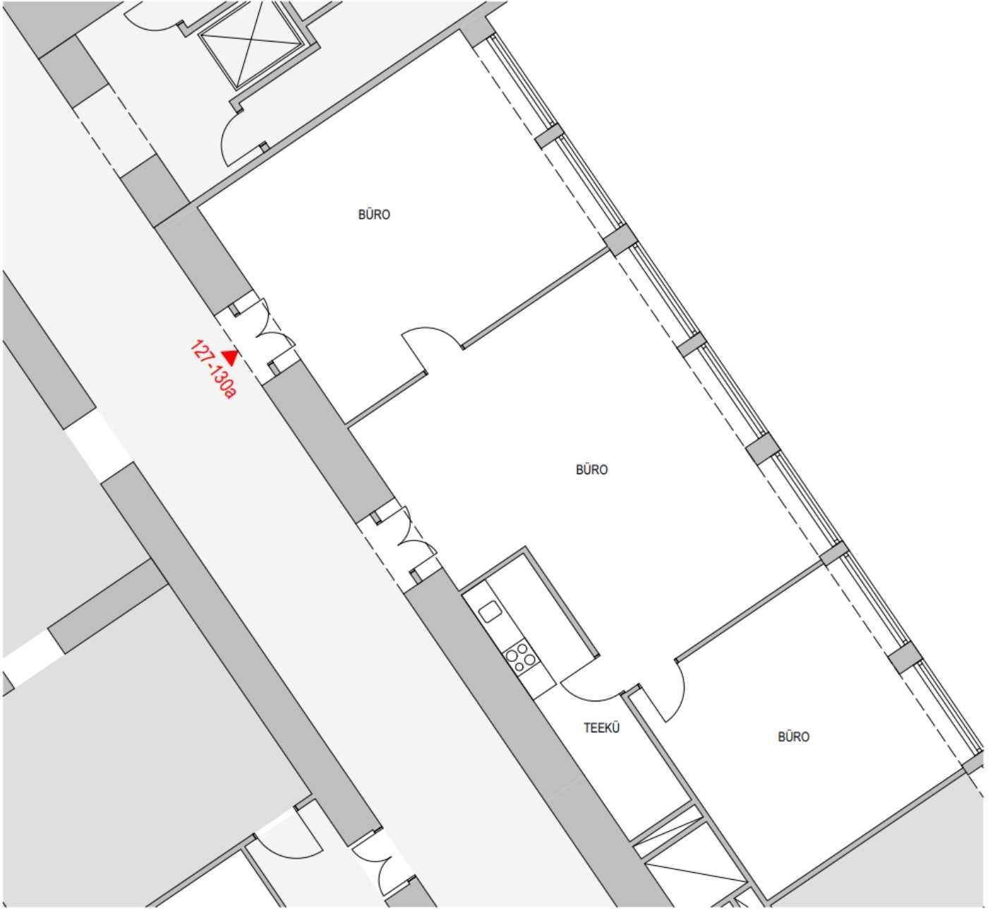 Grundriss eines Bürogeschosses mit mehreren Einzelbüros und einer Teeküche, gekennzeichnet als BÜRO und TEEKÜ.