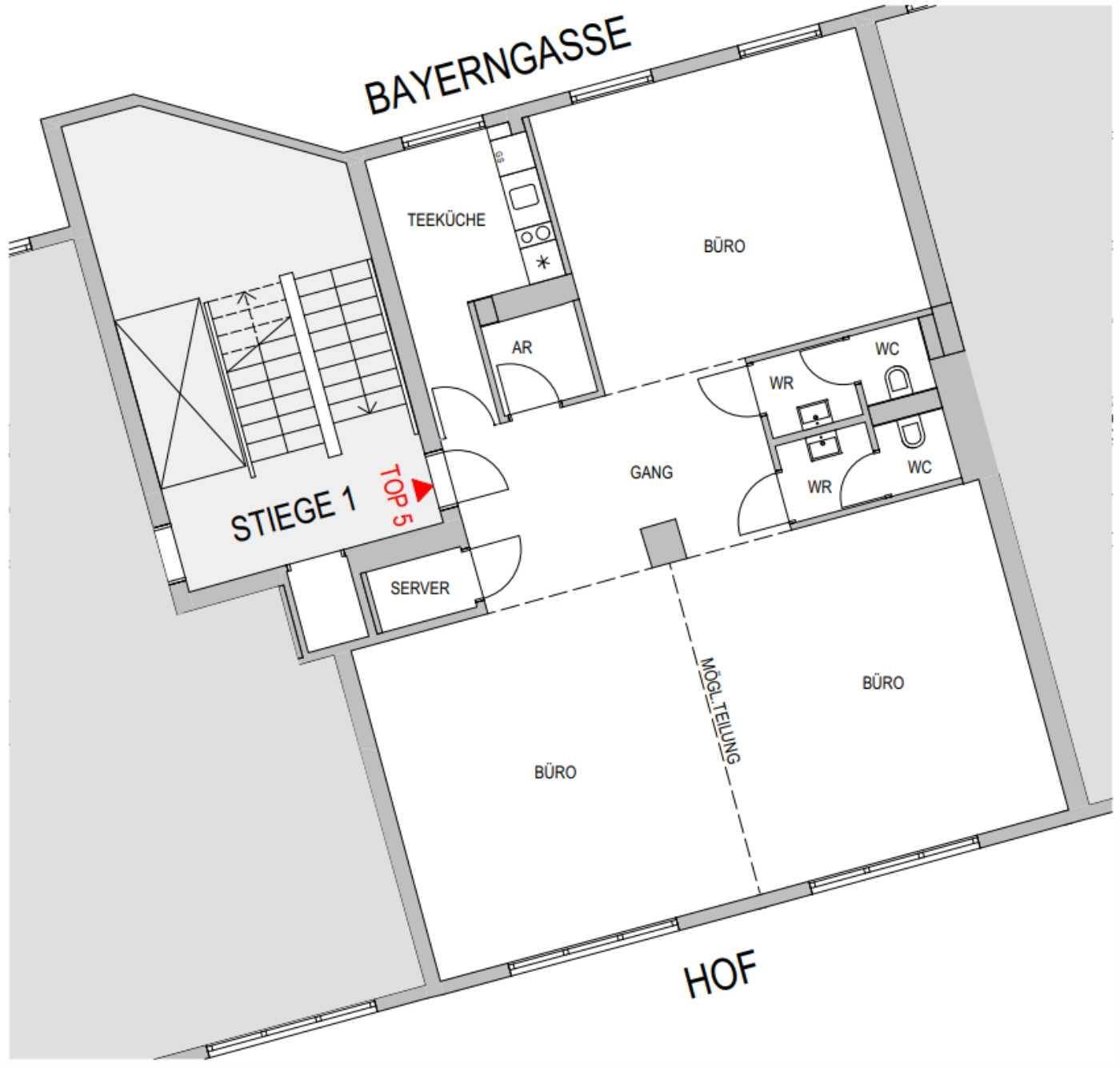 Grundrissplan einer Bürofläche mit Teeküche, mehreren Toiletten und flexibler Raumaufteilung.