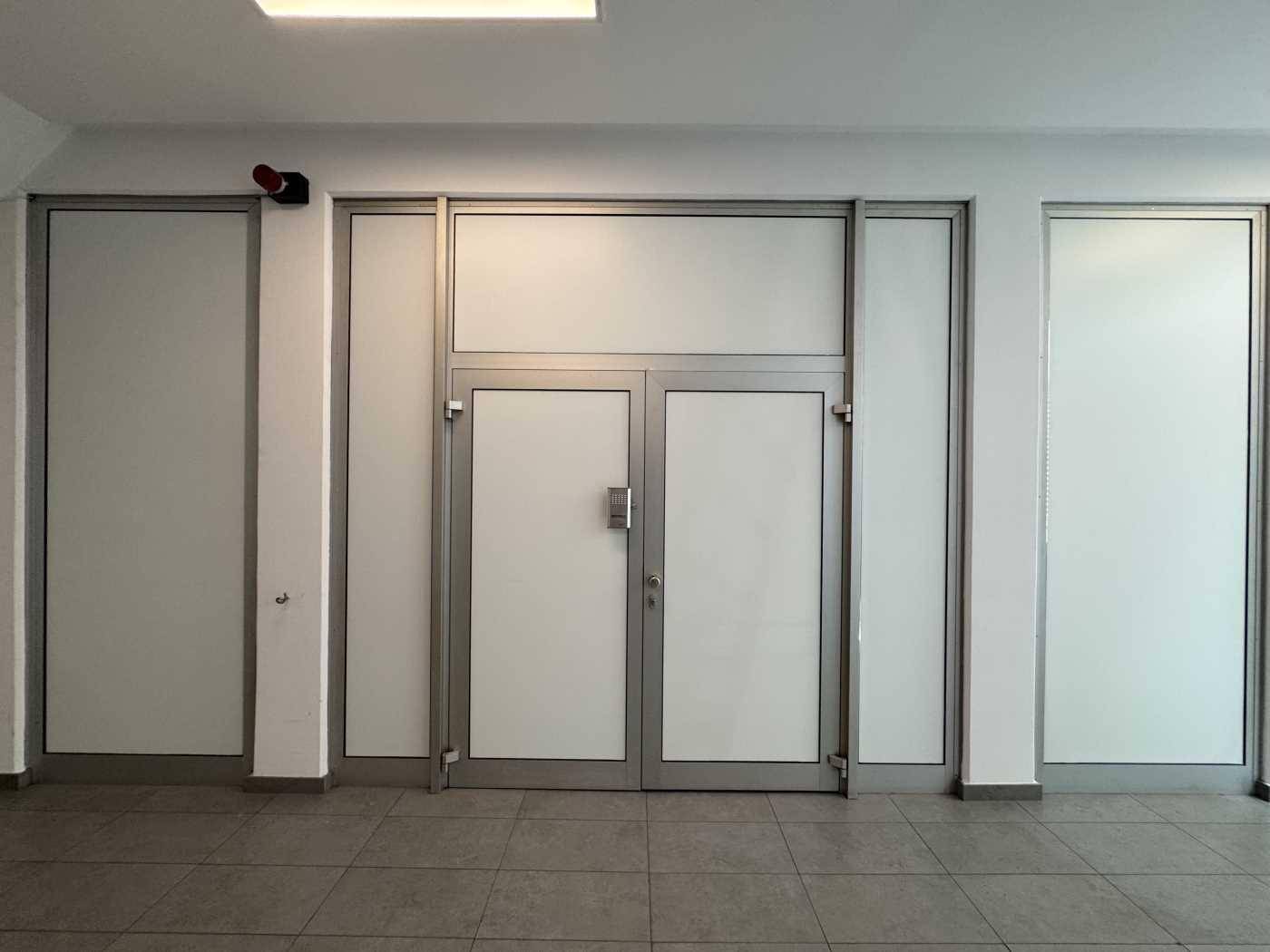Moderner Eingangsbereich mit großen Glastüren und Metallrahmen, hell und einladend gestaltet.