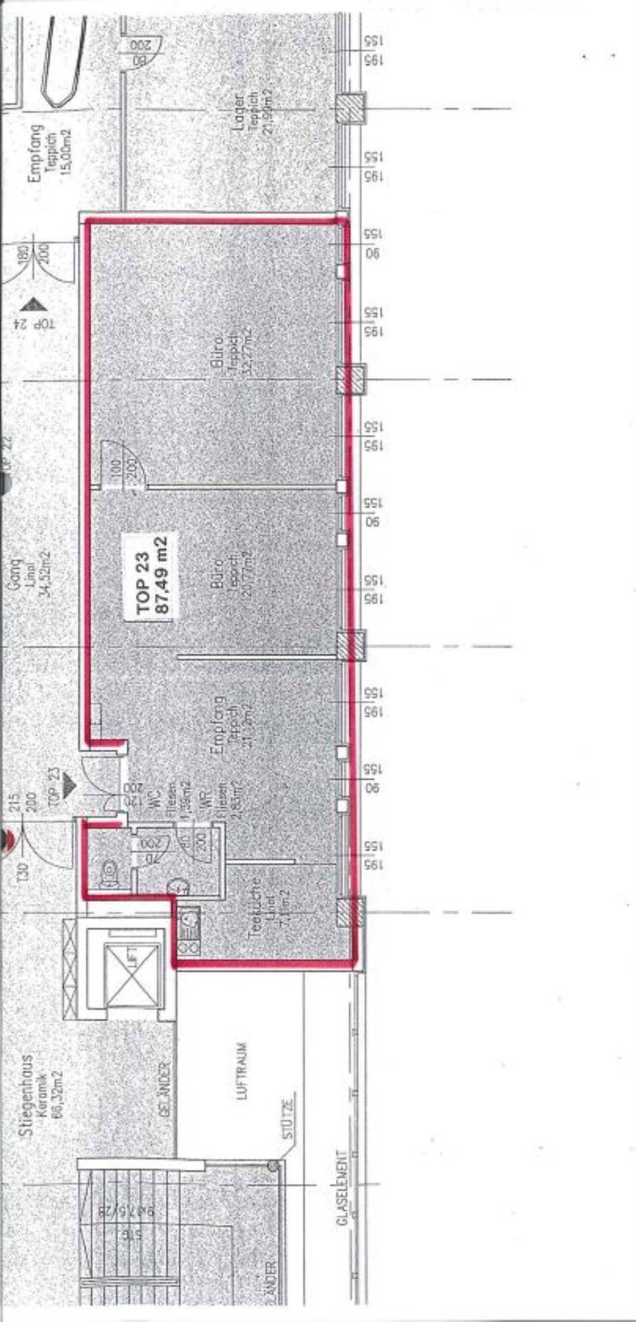 Detaillierter Grundriss einer Büroeinheit mit 87,49 m² und mehreren Räumen.