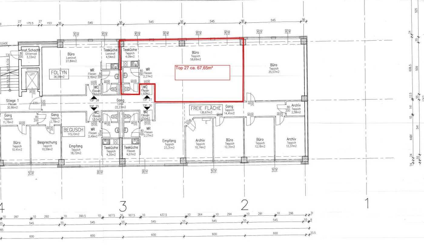 Grundriss einer Bürofläche von ca. 87,65 m² mit verschiedenen Büroräumen und Teeküche.