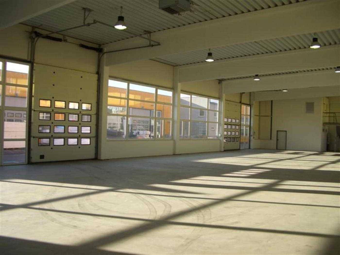 Helle Gewerbehalle mit Betonboden, mehreren Rolltoren und großen Fensterflächen, ideal für Lager oder Produktion.