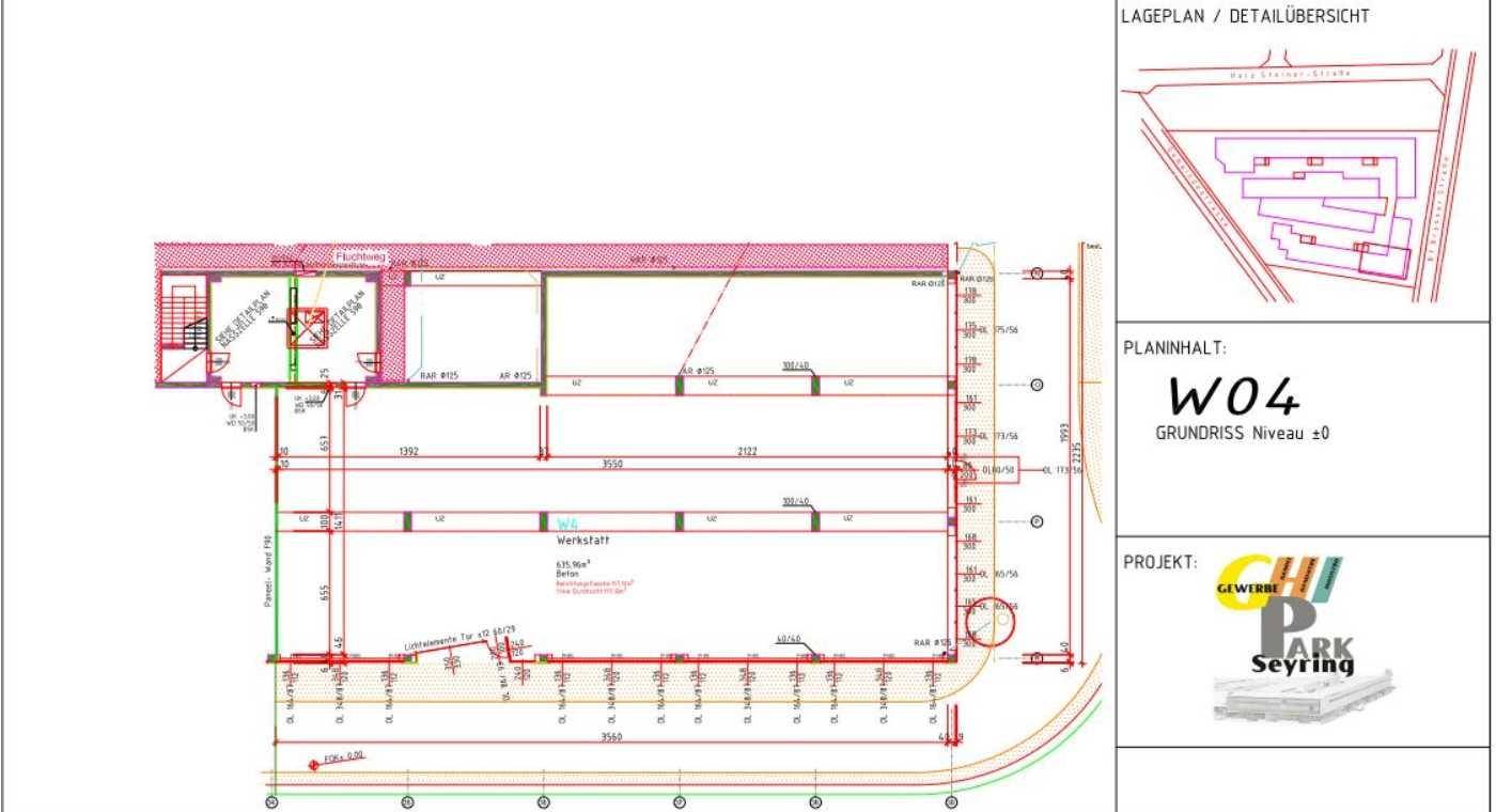 Grundriss eines Gewerbebereichs mit Werkstatt und angrenzenden Funktionsräumen.