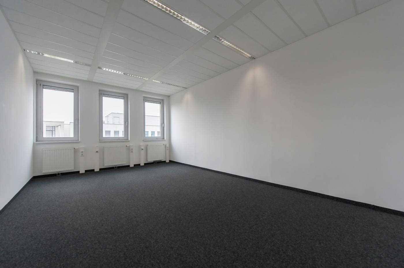 Leeres, helles Büro mit Teppichboden, weißen Wänden und mehreren Fenstern, die Tageslicht hereinlassen.