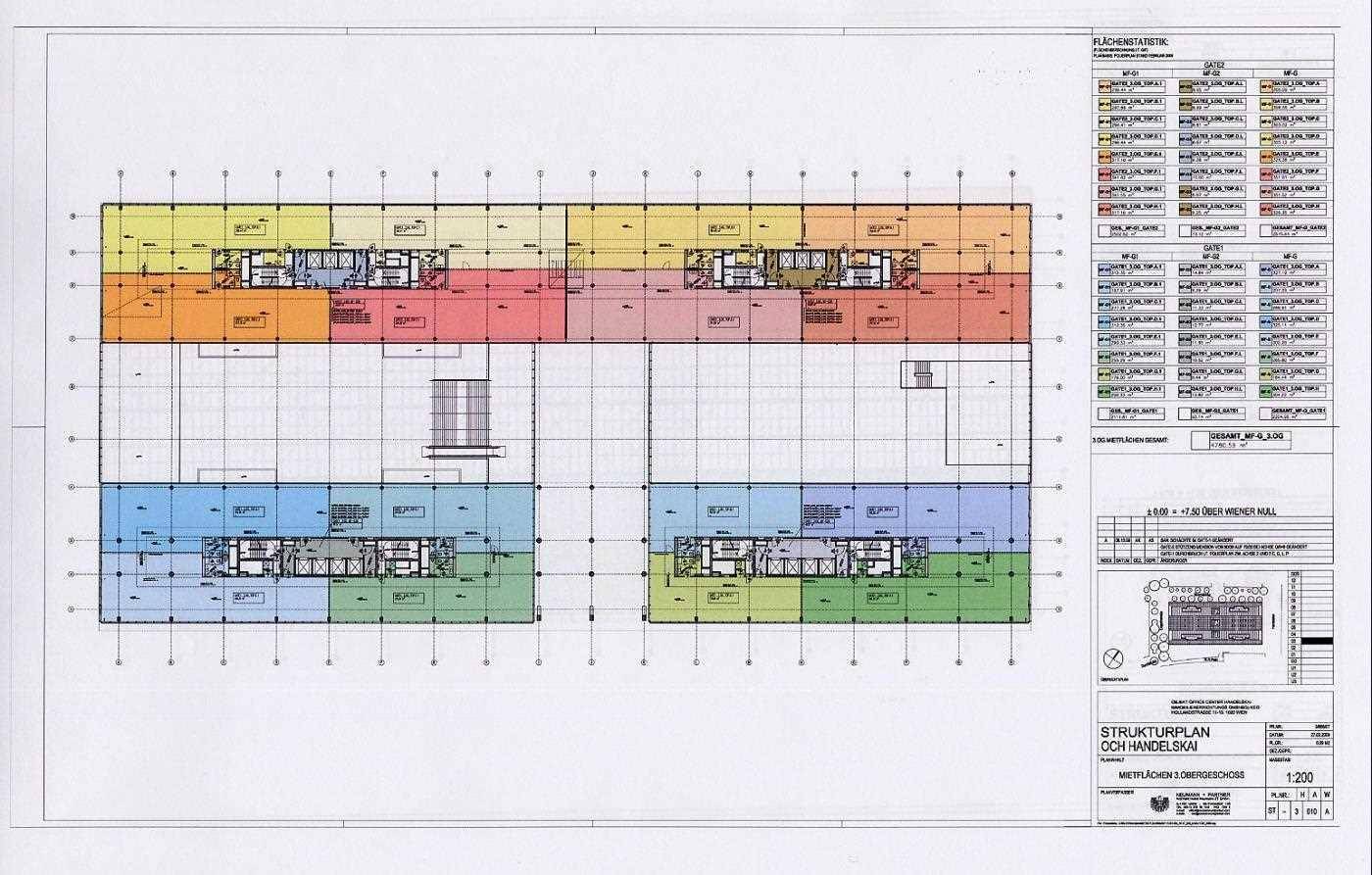 Strukturplan eines weiteren Obergeschosses, der die flexible Aufteilung in verschiedene Mietbereiche und Büroeinheiten zeigt.