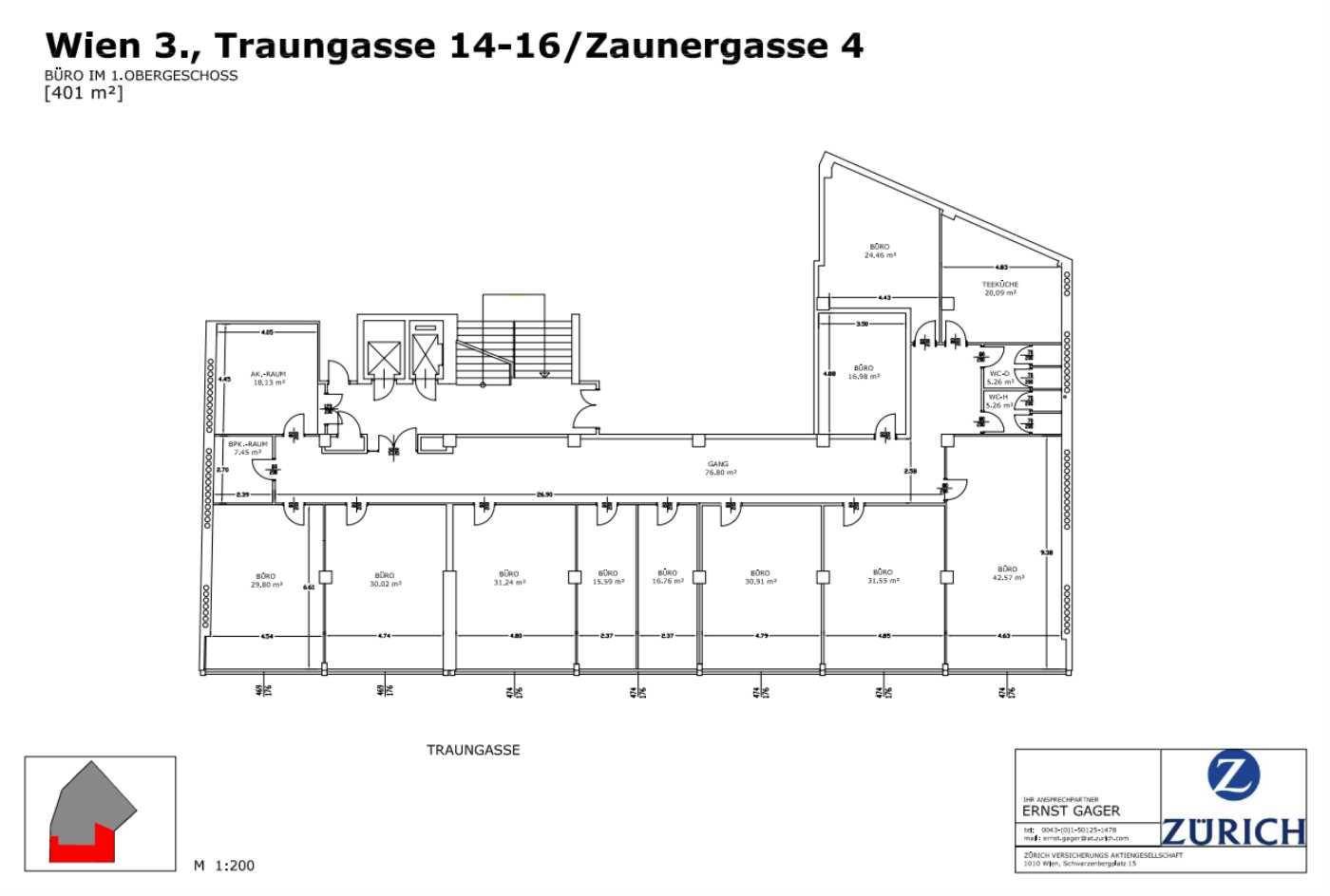 Grundriss des 1. Obergeschosses in Wien 3. mit mehreren Büroeinheiten und zentralem Flur.