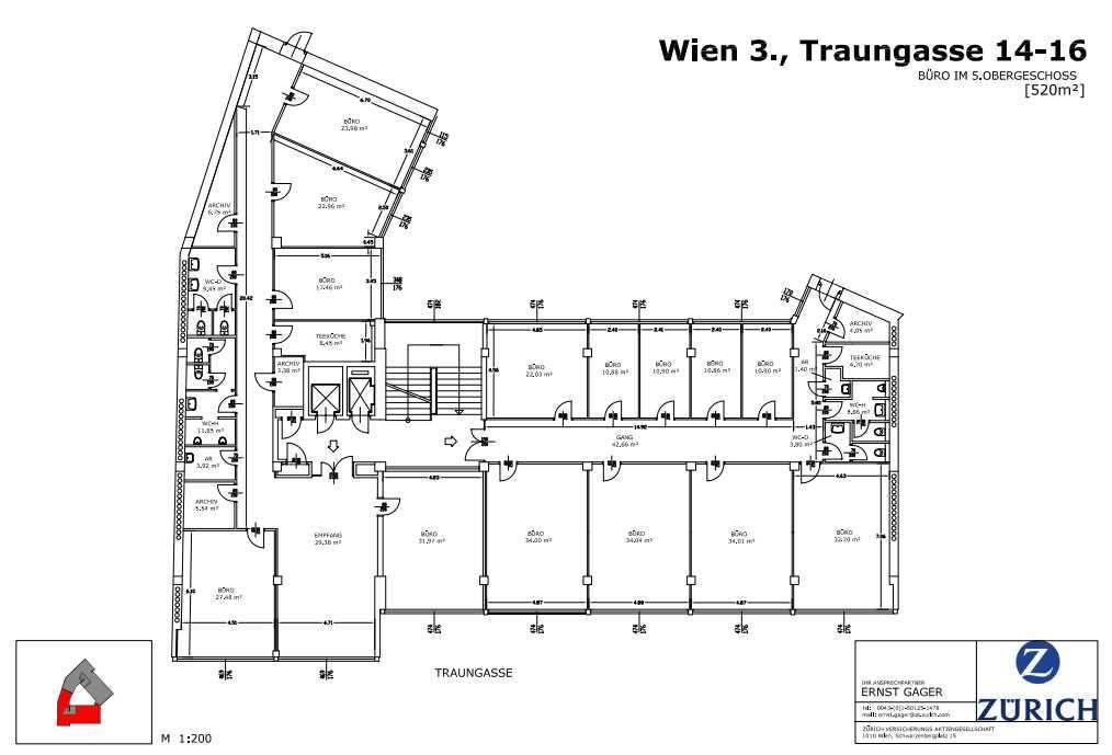 Grundriss des 5. Obergeschosses in Wien 3. mit zahlreichen Büroräumen und Sanitäranlagen.