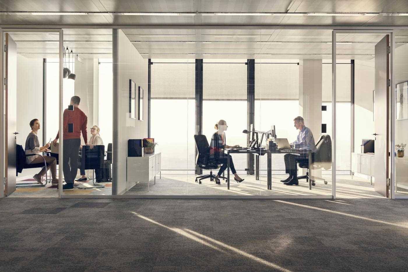 Helle Büroräume mit Glaswänden, die separate Arbeitsbereiche und Besprechungszonen schaffen.