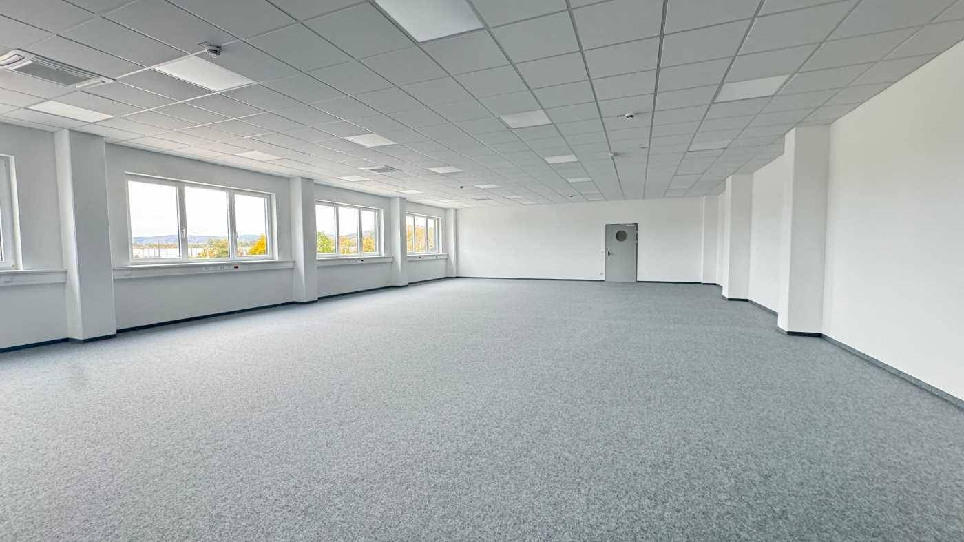 Heller, geräumiger Büroraum mit Teppichboden, Rasterdecke und großen Fenstern.