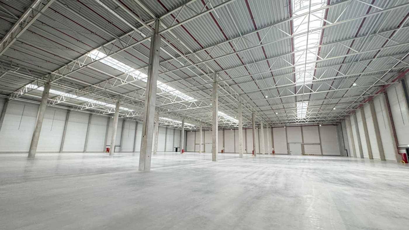 Weitläufige Lagerhalle mit hohen Decken, Betonstützen und Oberlichtern für optimale Beleuchtung.