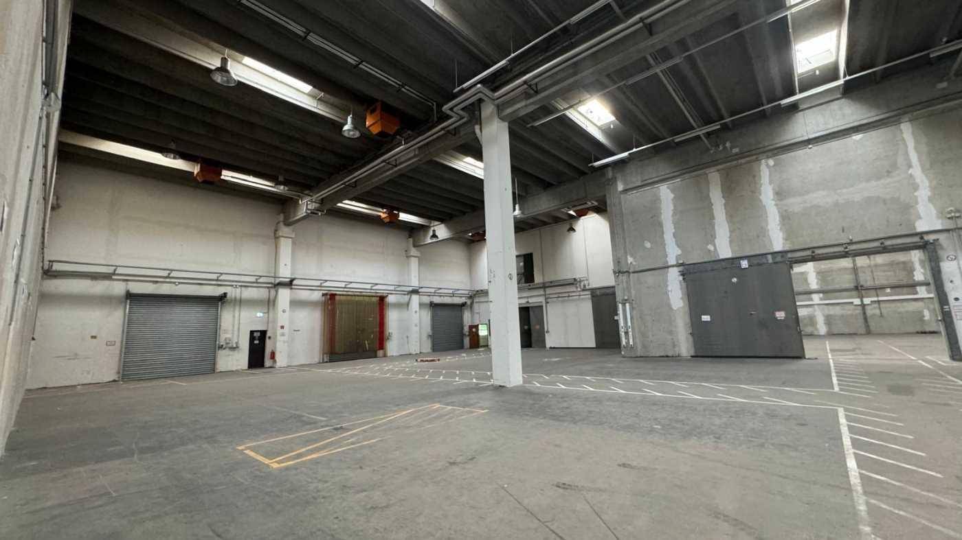 Große, leere Lagerhalle mit hohen Decken, Betonboden und mehreren Rolltoren.
