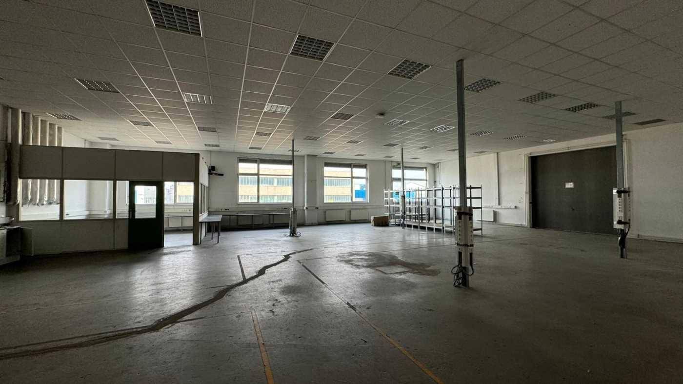 Geräumiger Bürobereich mit abgehängter Decke, großen Fenstern und Betonboden.