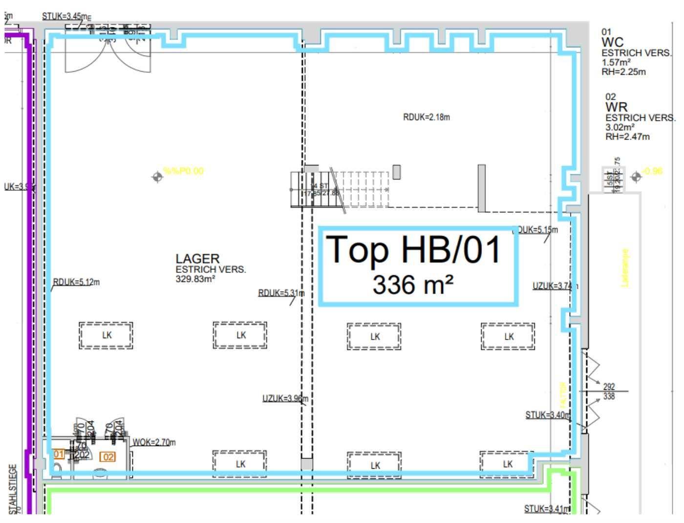 Grundrissplan einer Lagerfläche von 336 m² mit separaten WC- und WR-Bereichen.
