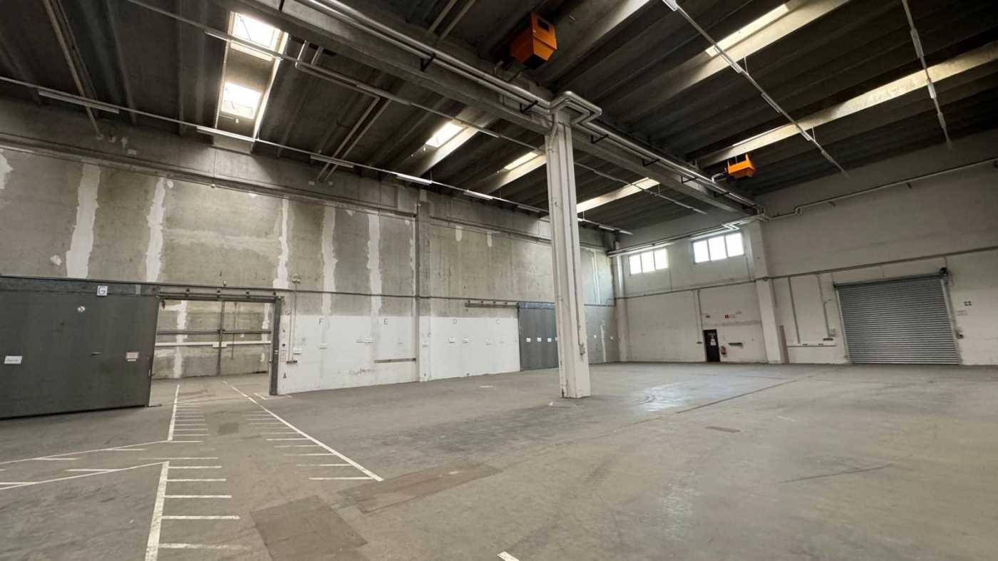 Weitläufige Lagerhalle mit hohen Decken, Oberlichtern und robustem Betonboden.