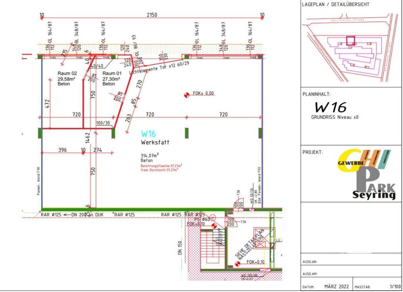Detaillierter Grundriss des Niveaus 0 mit Werkstatt, zwei Räumen und Treppenhaus.