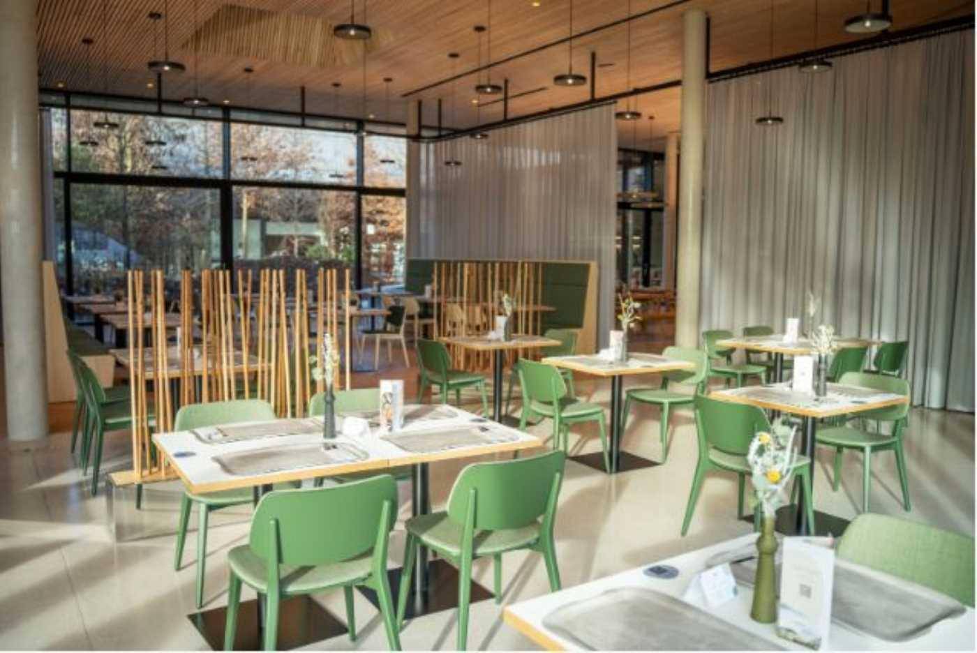 Heller Restaurantbereich mit modernen grünen Stühlen, Holzakzenten und großen Fenstern mit Blick ins Grüne.