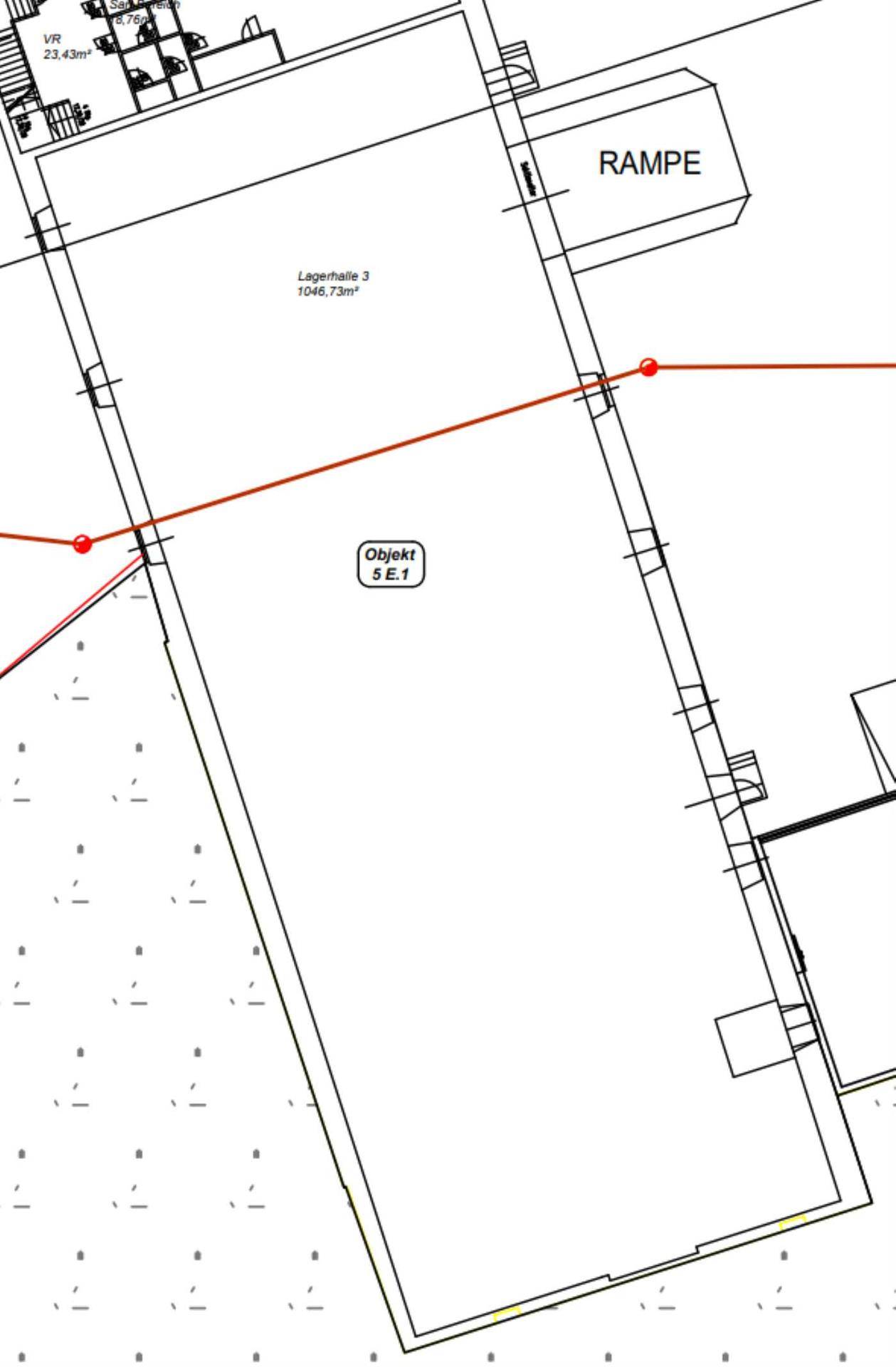 Grundrissplan einer Lagerhalle mit eingezeichneter Rampe und Flächenangaben für Objekt S.E.1.