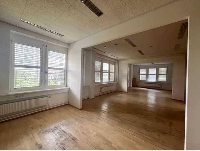 Geräumiger, leerer Bürobereich mit vielen Fenstern, Holzboden und Heizkörpern, ideal für Großraumbüro.