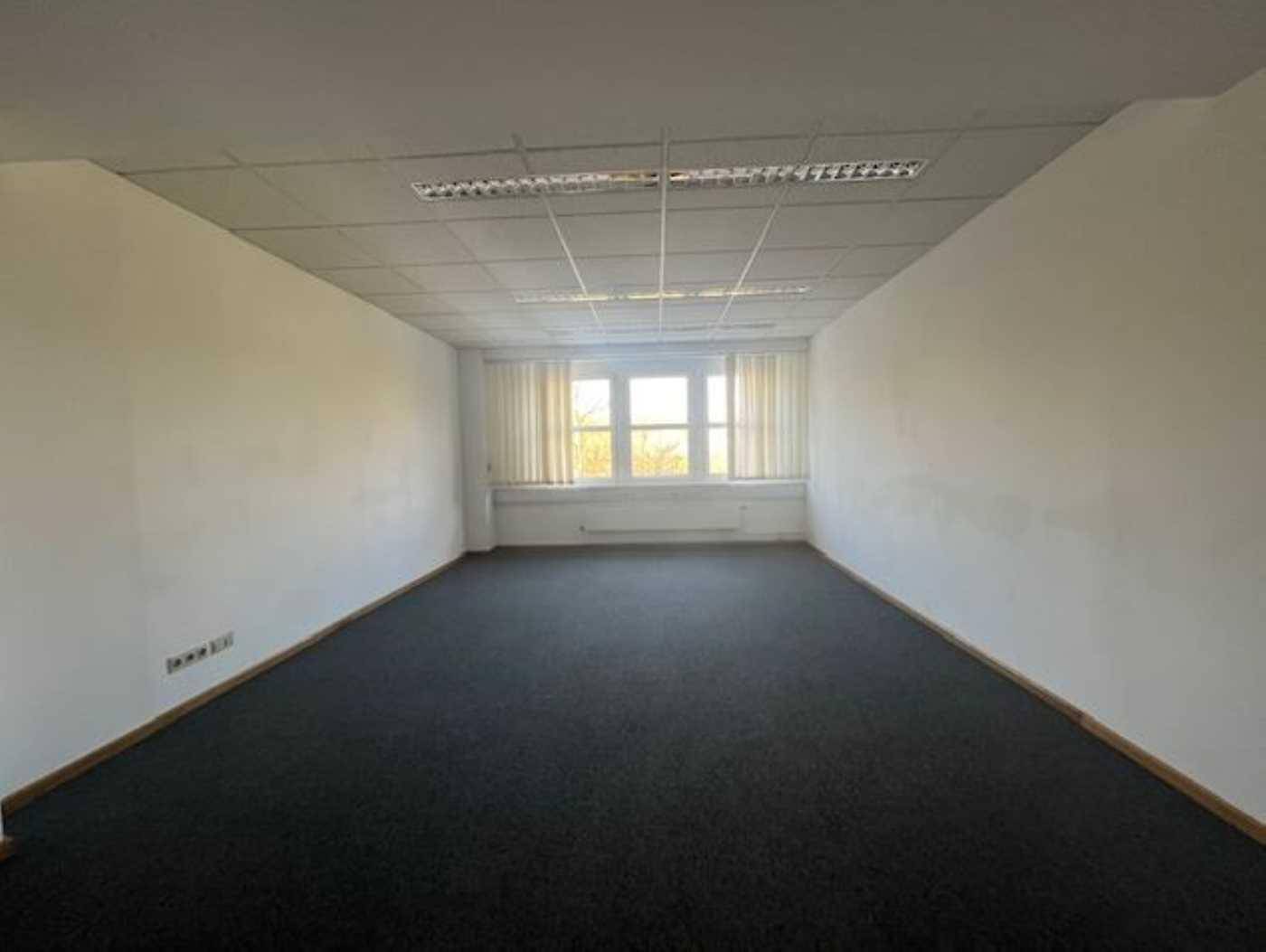 Leerer Büroraum mit dunklem Teppichboden, weißen Wänden und einem Fenster mit Vorhängen, bereit zur Nutzung.