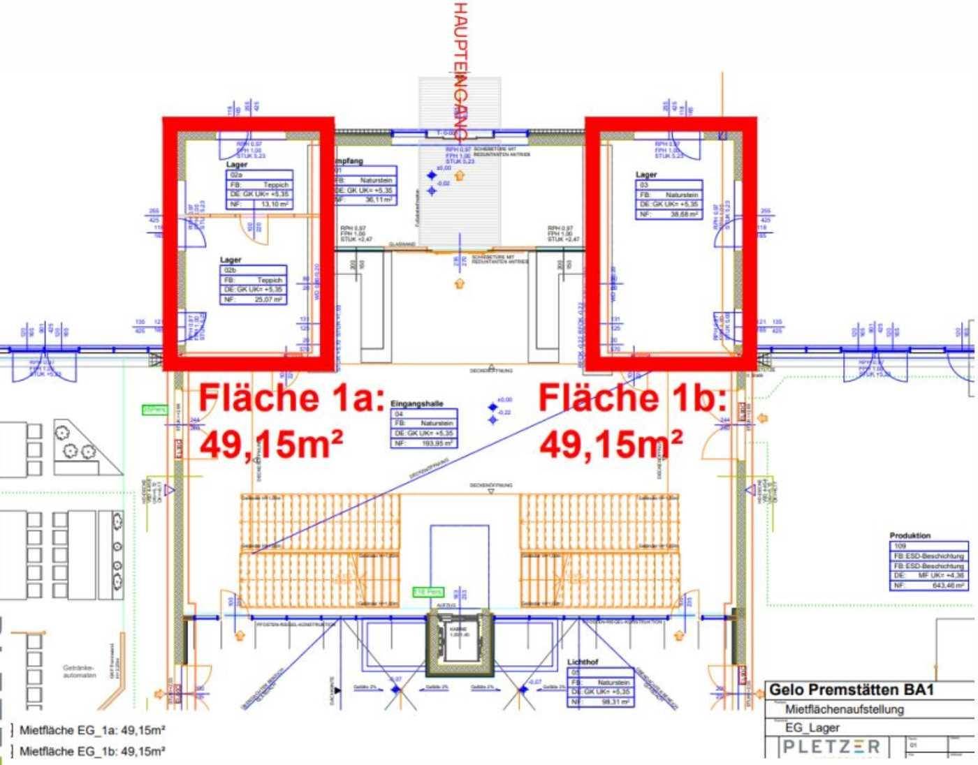 Grundriss des Erdgeschosses mit zwei Lagerflächen und der Eingangshalle, inklusive Flächenangaben.
